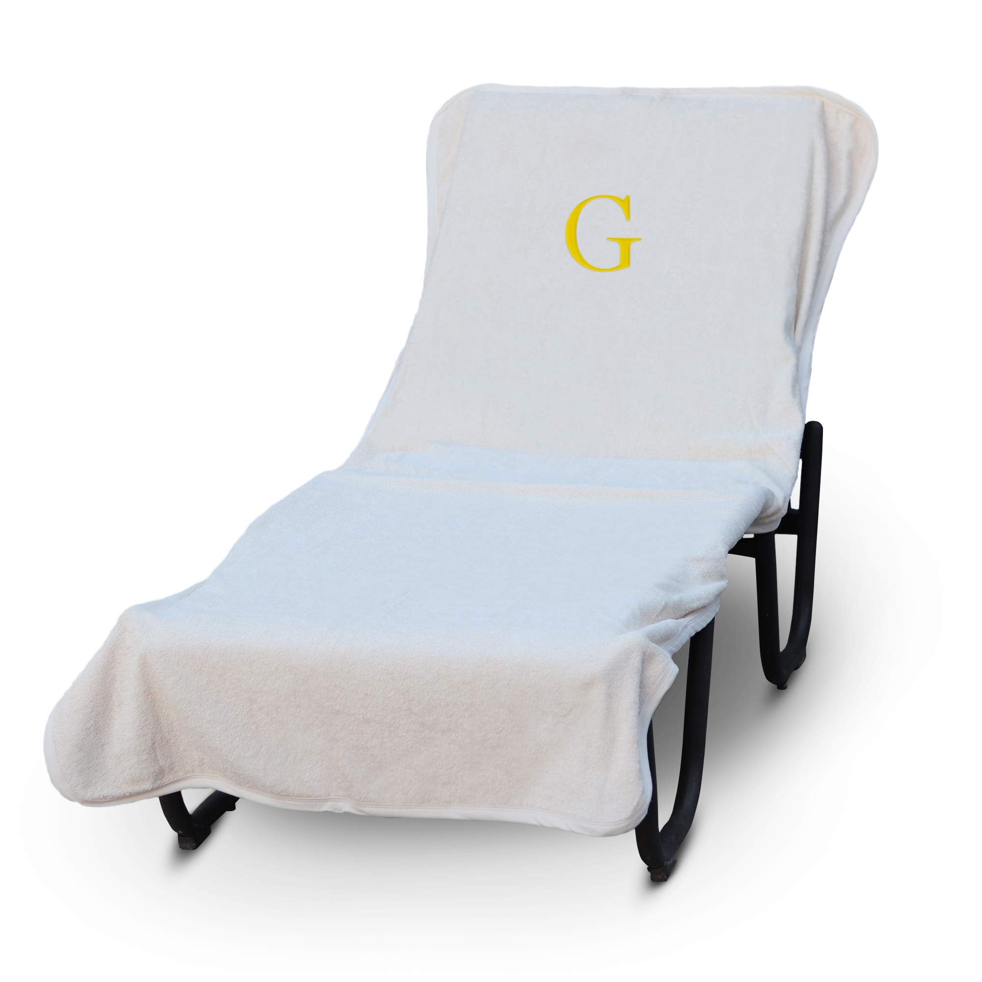 Luxury Hotel & Spa Monogrammed Pool Chaise Lounge Cover, Block Letter Embroidered - Extra Absorbent 100% Turkish Cotton- Soft Terry - Hotel-Style, Standard Size 90' X 29' - White - Gold Letter G