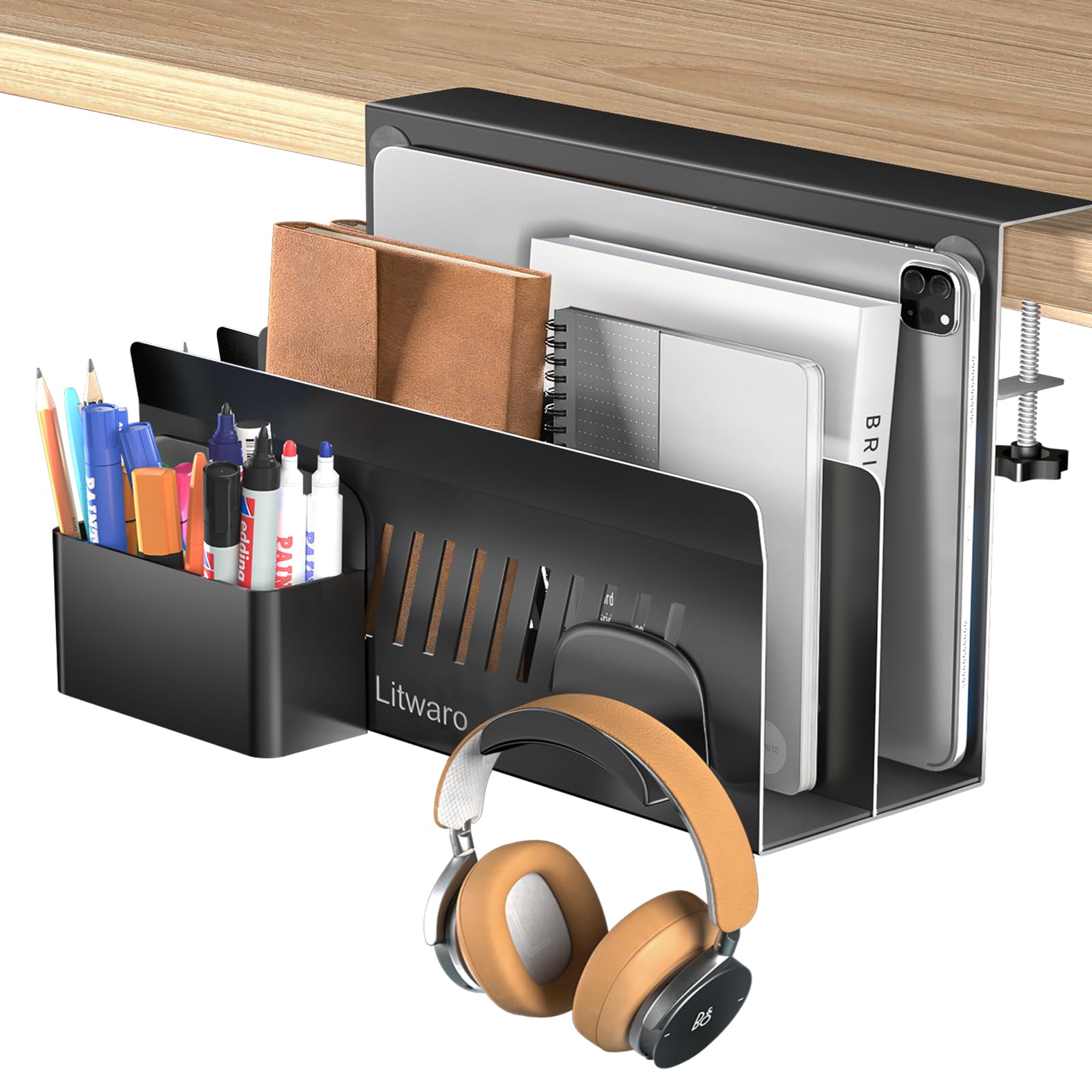 Side Storage Organizer, 2 Tier Under Desk Laptop Holder Clamp On Shelf, No Drill Mount With Magnetic Pen Holder, Hanging Organiz