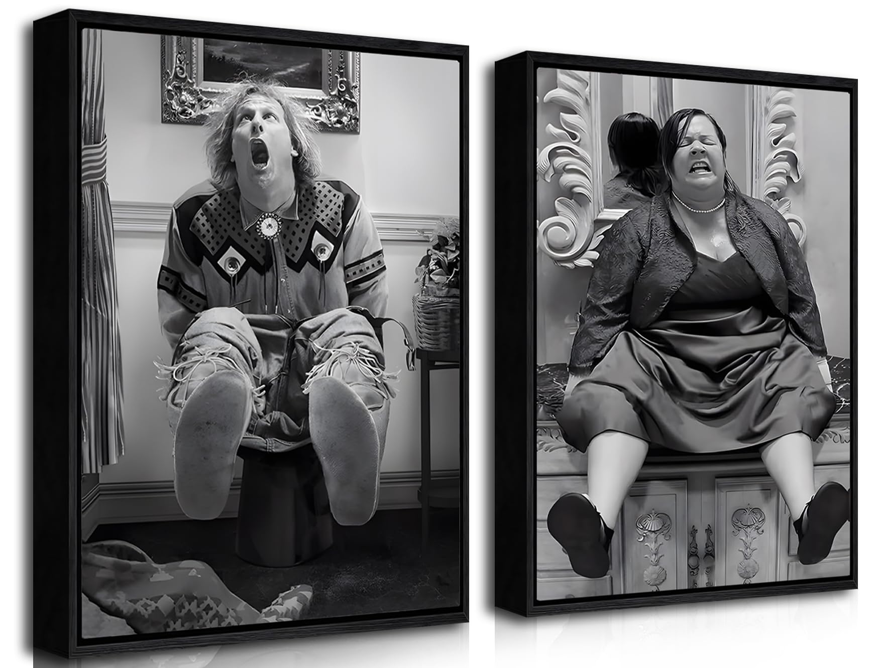 Funny Wall Art Set of 2 - Black Floating Frame Black and White Vintage Humor Bathroom Decor, Dumb and Dumber Movie Posters Canva