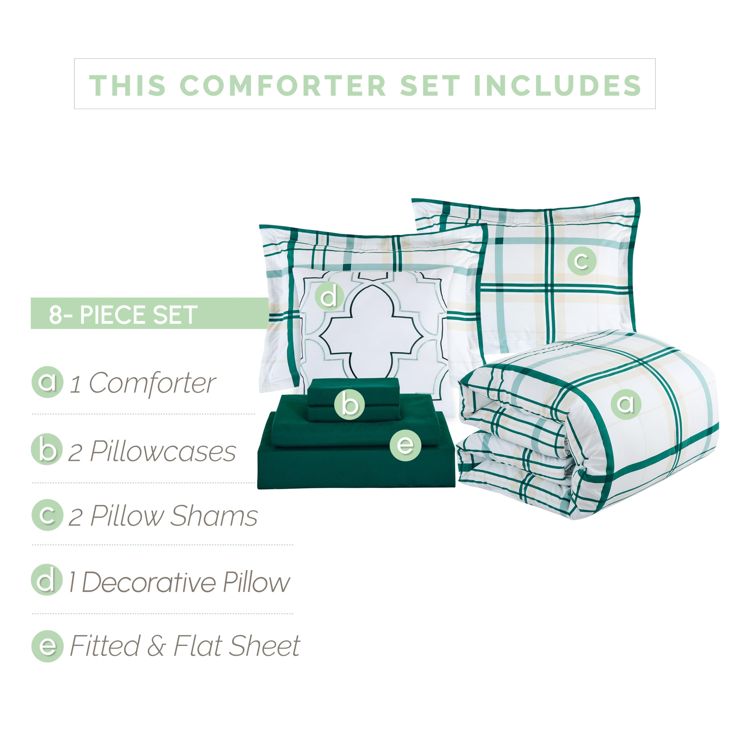 Elegant Comfort 8- Piece Lodge Plaid Reversible Comforter Set Bed-In-A-Bag Set - Silky Soft Complete Set Includes Bed Sheet Set With Double Sided Storage Pockets, King/Cal King, Emerald Green