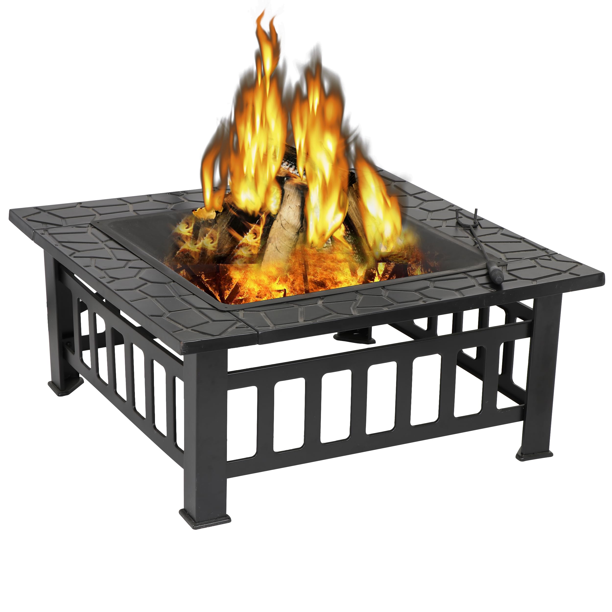 Zeny 32In Outdoor Fire Pits Outside Wood Burning Firepit Square Metal Fireplace Table Fire Bowl With Grill,Screen And Poker For