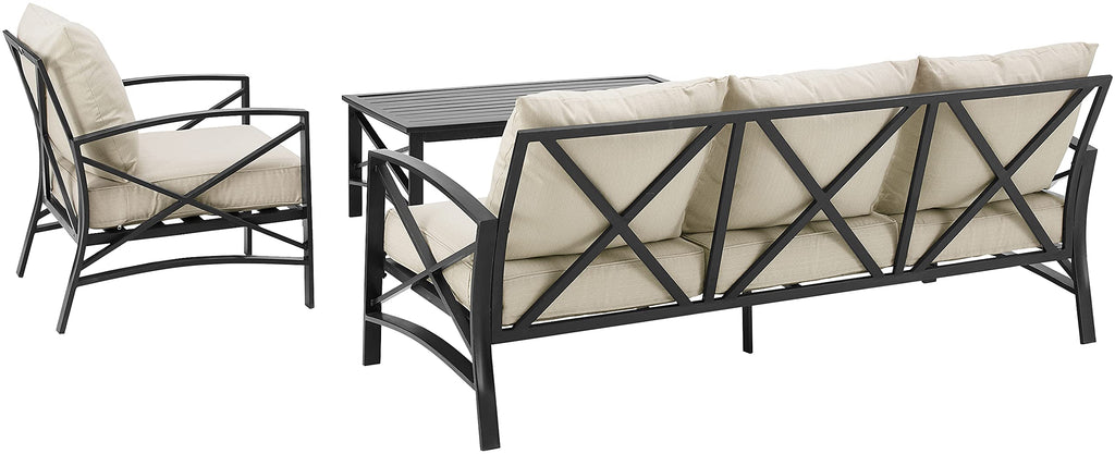 Crosley Furniture Kaplan 3-Piece Outdoor Sofa Patio Furniture Set, Conversation Sets For Porch, Deck, Oiled Bronze With Oatmeal Cushions