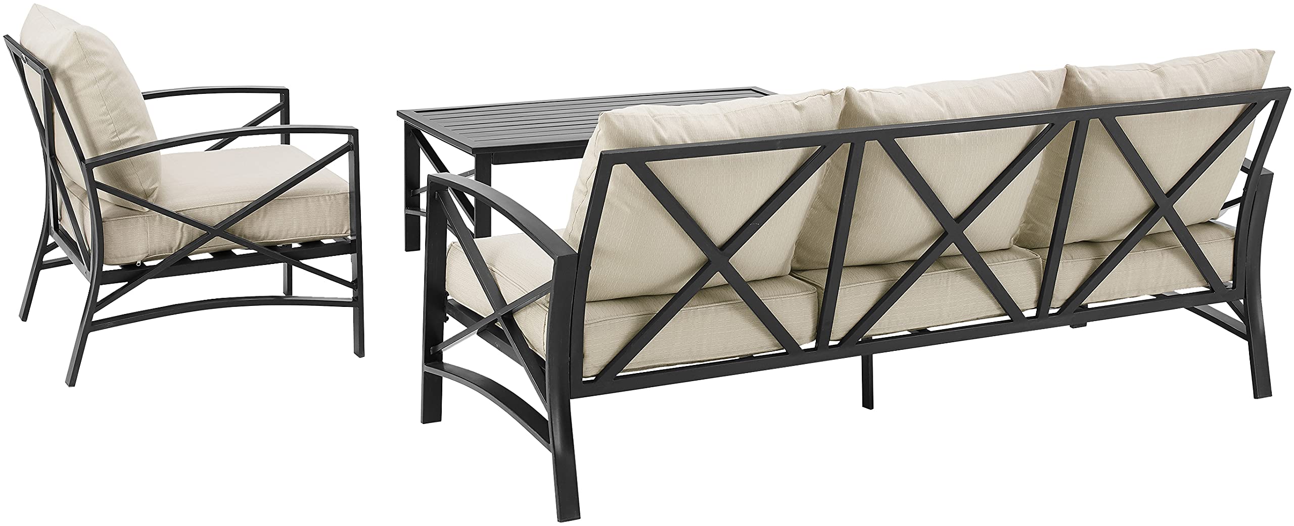 Crosley Furniture Kaplan 3-Piece Outdoor Sofa Patio Furniture Set, Conversation Sets For Porch, Deck, Oiled Bronze With Oatmeal Cushions