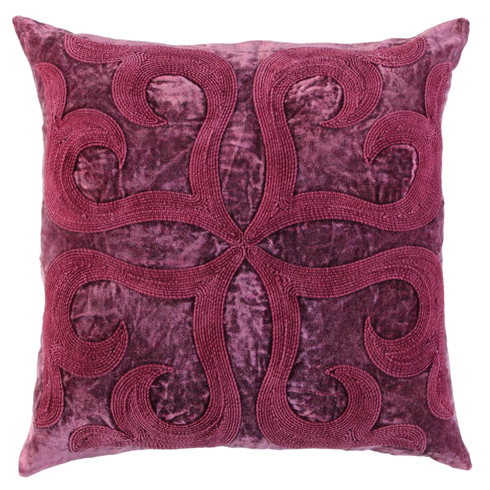 Rizzy Home Medallion 20&quot; Poly Pillow with Cotton Viscose Velvet Cover-Merlot