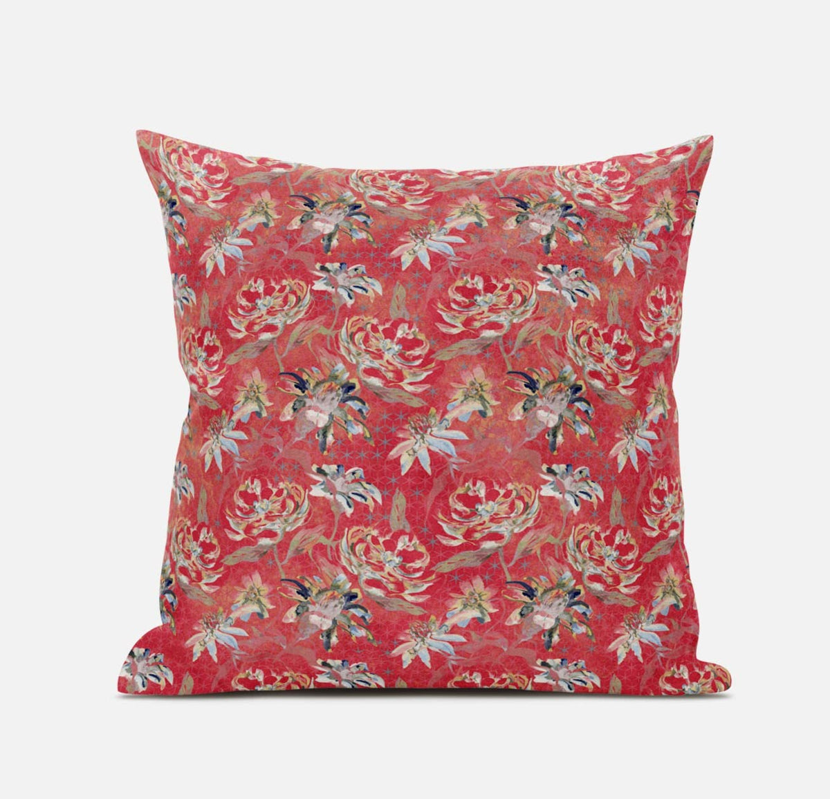 HomeRoots Light Blue Indigo Red 18' Salmon Red Roses Zippered Suede Throw Pillow