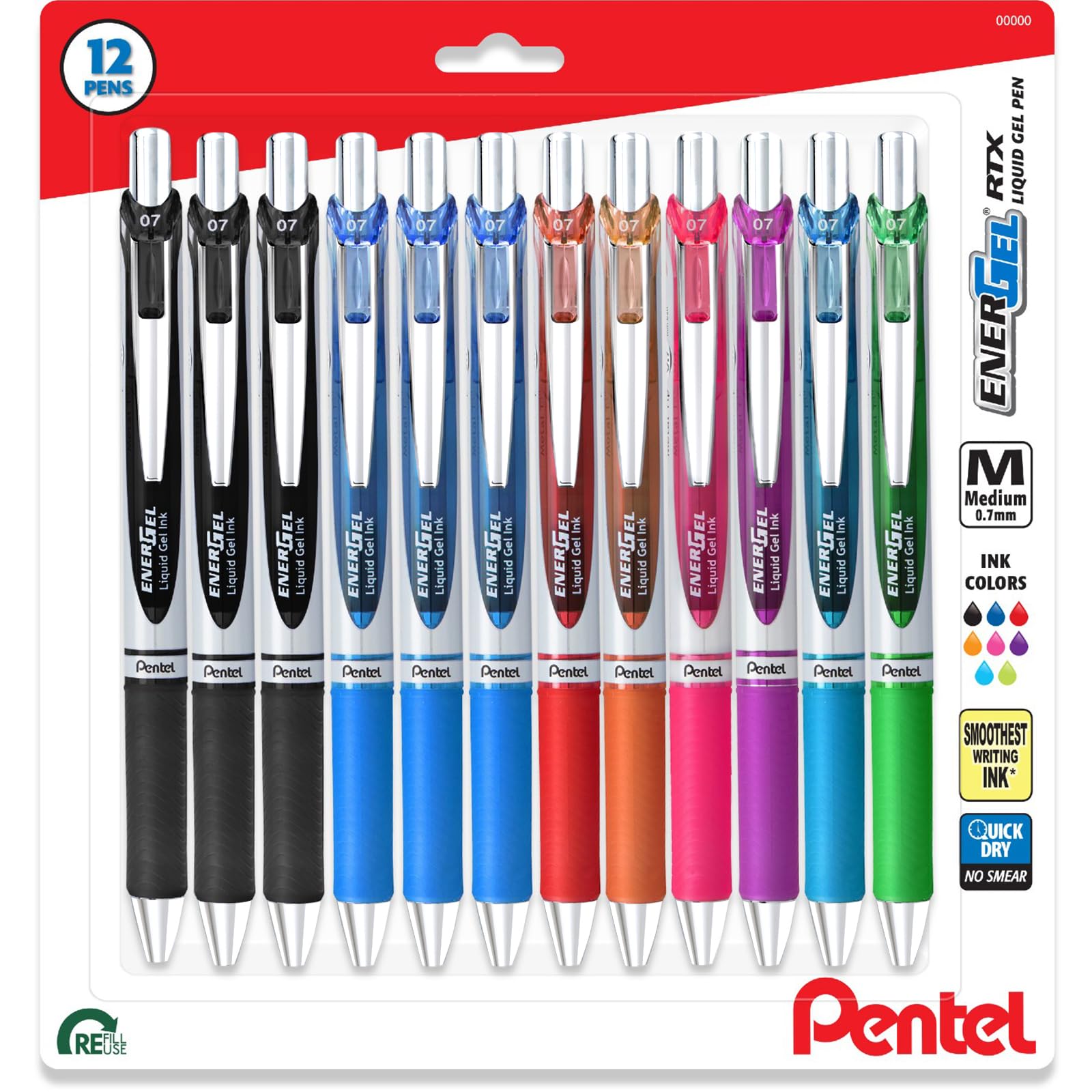 Pentel Energel 0.7Mm Liquid Gel Ink Pens - 12 Pack Of 8 Assorted Color Pens Including 3 Black And 3 Blue - Medium Point - Metal