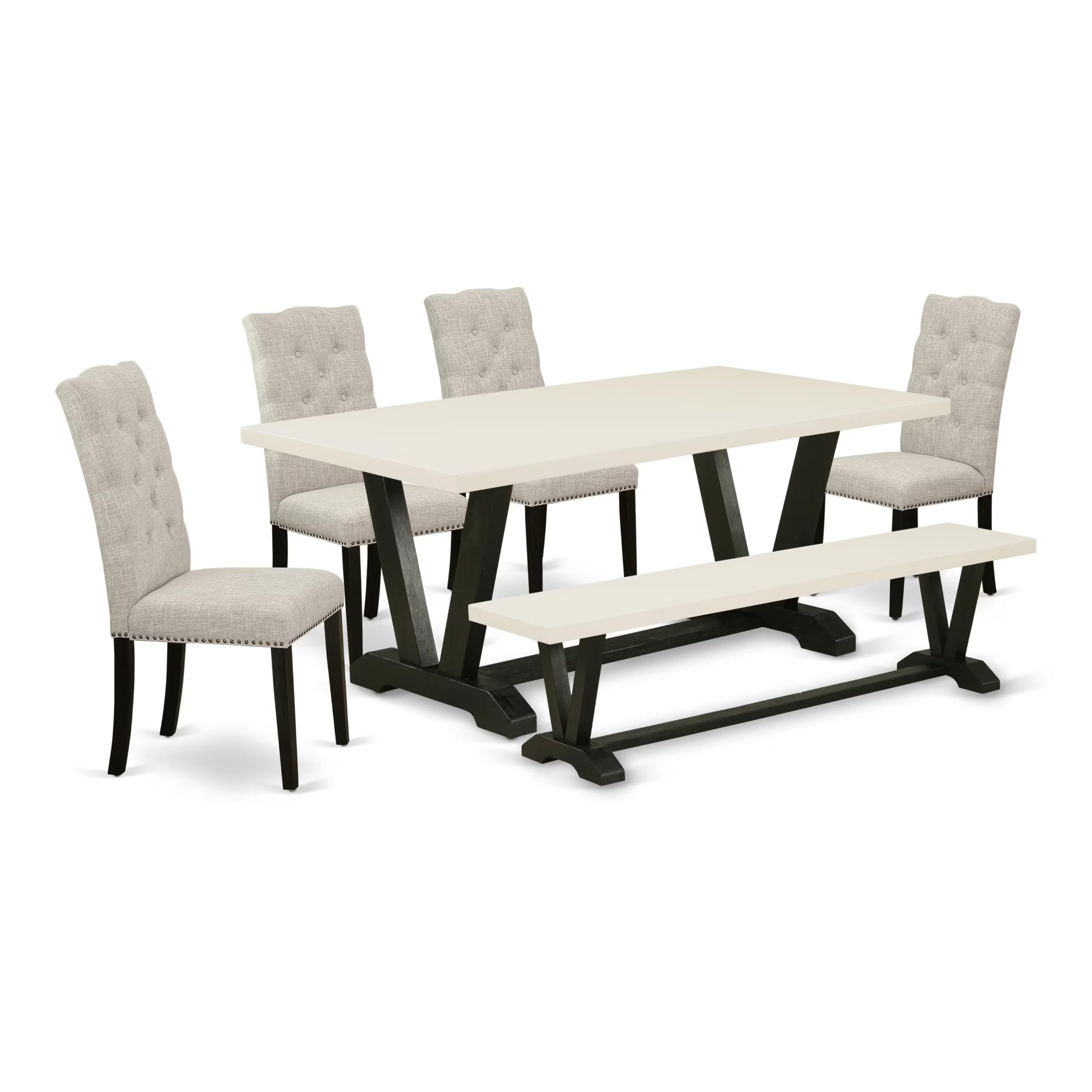 East West Furniture V627El635-6 6 Piece Dining Table Set Contains A Rectangle Dining Room Table With V-Legs And 4 Doeskin Linen Fabric Parson Chairs With A Bench, 40X72 Inch, Multi-Color