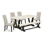 East West Furniture V627El635-6 6 Piece Dining Table Set Contains A Rectangle Dining Room Table With V-Legs And 4 Doeskin Linen Fabric Parson Chairs With A Bench, 40X72 Inch, Multi-Color