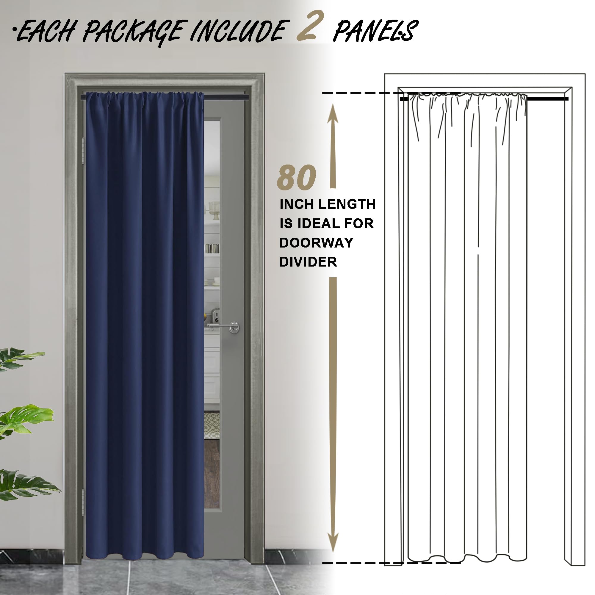 Jiuzhen Blackout Doorway Curtains 80 Inch Length - 2 Panels Thermal Insulated Privacy Soundproof Rod Pocket Closet Door Curtains Room Divider For Bedroom,Office, 42 X 80 Inches,Navy Blue