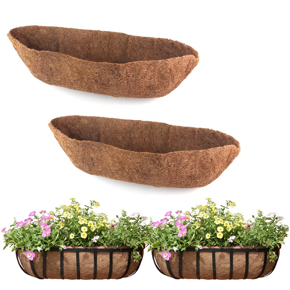 2 Pack Trough Coco Liner Fiber Replacement For Planters, 24/30/36/48 Inch Half Moon Coconut Coir Planter For Window Box/Hanging