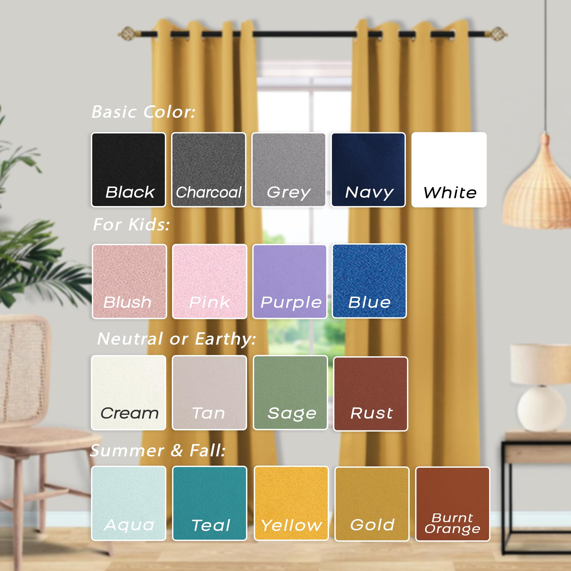 Mrs.Naturall Black Out Curtains 96 Inches Long For Living Room Dining Room 2 Panels Set,Grommet Top Thermal Blackout Curtains 96