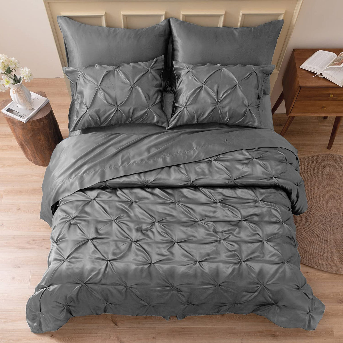Mr&Hm Satin Comforter California King 7 Pieces Dark Grey - Luxurious Pinch Pleat Bedding Set With Comforter, Flat Sheet, Fitted
