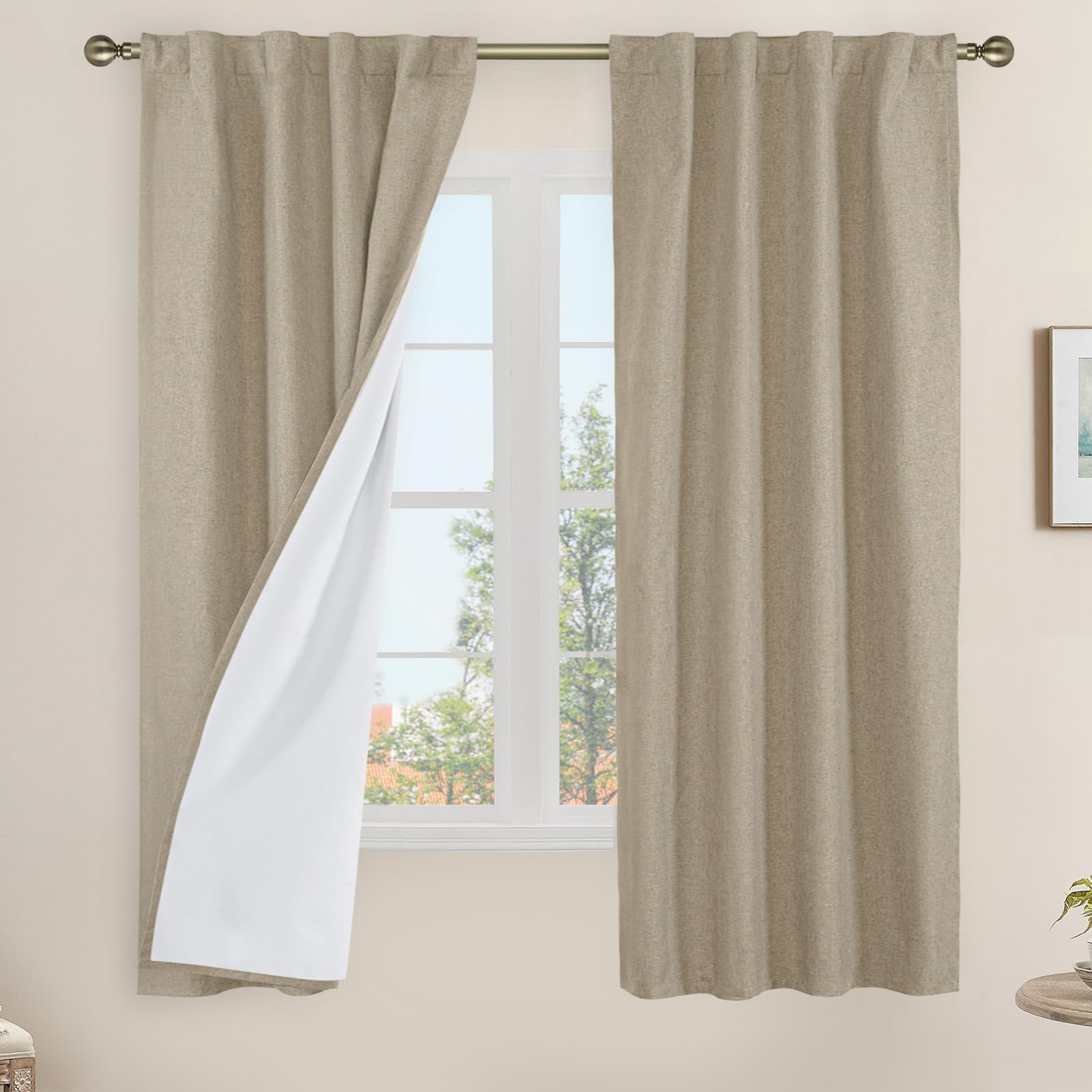 LAMIT Taupe 100% Blackout Linen Curtains, 63 Inches Linen Textured Thermal Bedroom Curtains Back Tab and Rod Pocket Neutral Pane