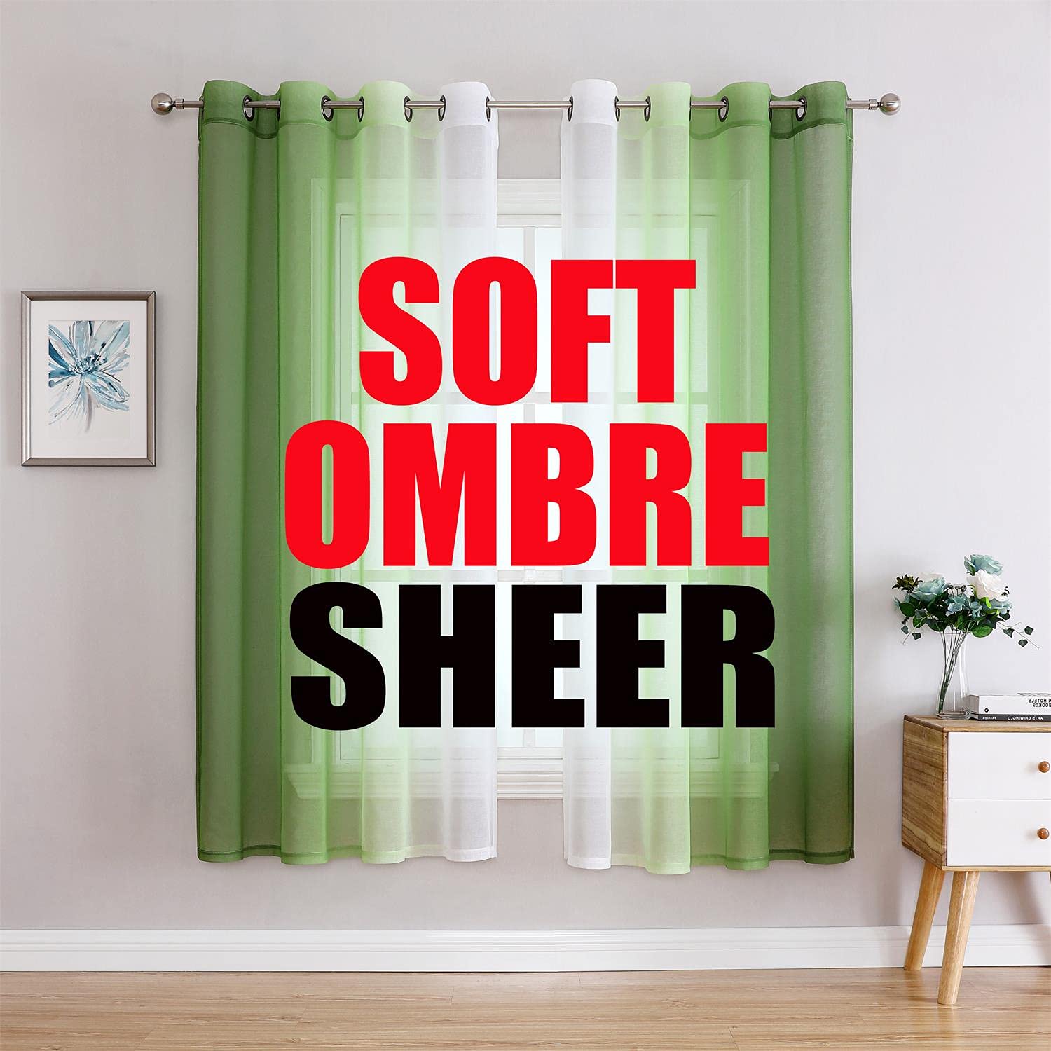 G2000 Sheer Curtains & Drapes 95 Inches Long Green and White Ombre Curtains for Bedroom Living Room Window Curtains Light Filter