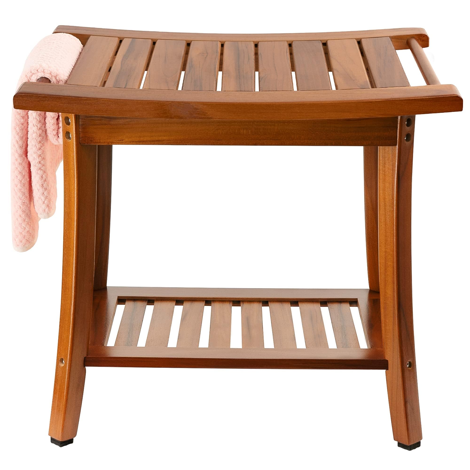 Utoplike Teak Shower Bench Seat With Handles, Portable Wooden Spa Bathing Stool With Storage Towel Shelf, 22' X 13' X 18.6', Perfect For Indoor And Outdoor Use