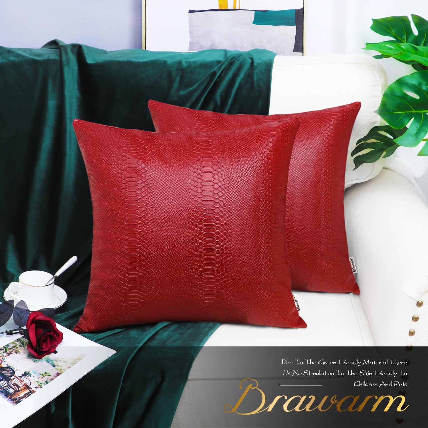 Brawarm Christmas Red Leather Throw Pillows 20 X 20 Inches, Snake Leather Pillow Covers Pack Of 2, Faux Leather Decorative Pillo
