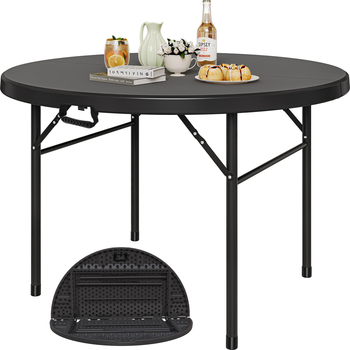 Yitahome 48 Inch Round Folding Table For Outdoor/Indoor, Heavy Duty Folding Plastic Table W/Thick Table Top And Sturdy Metal Frame, Ideal For Party Picnic Camping Bbq Events, Black