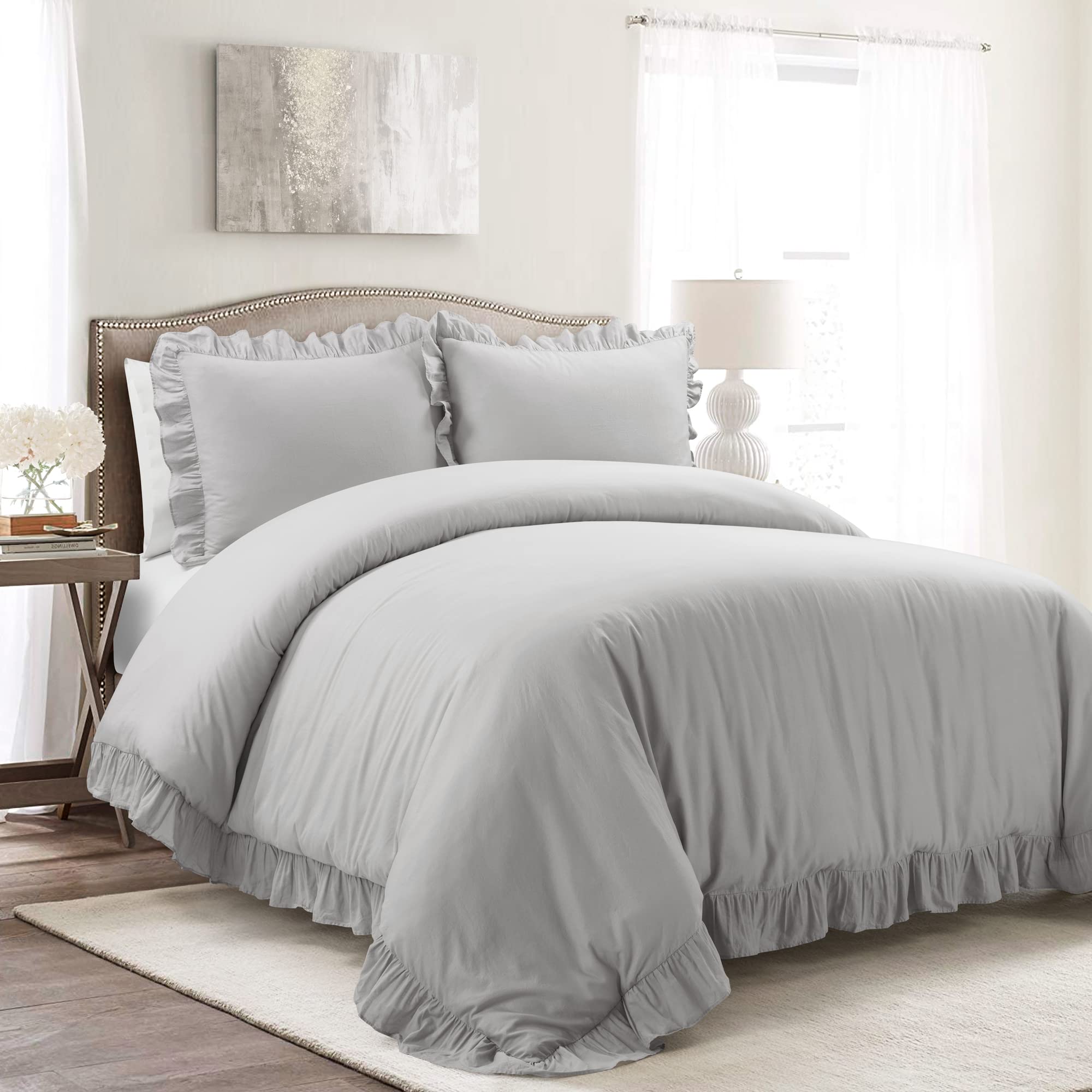 Lush Decor Reyna Ruffle 100% Cotton Duvet Cover Set - 3 Piece Cozy Ruffled Bedding Set - Timeless Elegance And Comfort - King, L