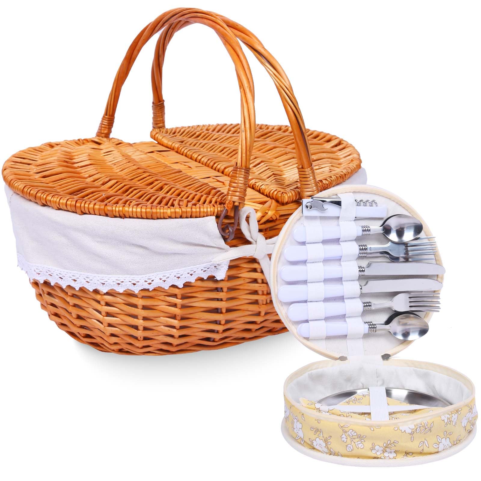 HYBDAMAI Wicker Picnic Basket Set for 4 with Lid and Handle Picnic Hamper with Washable Lining and Cutlery Set for Outdoor, Camp