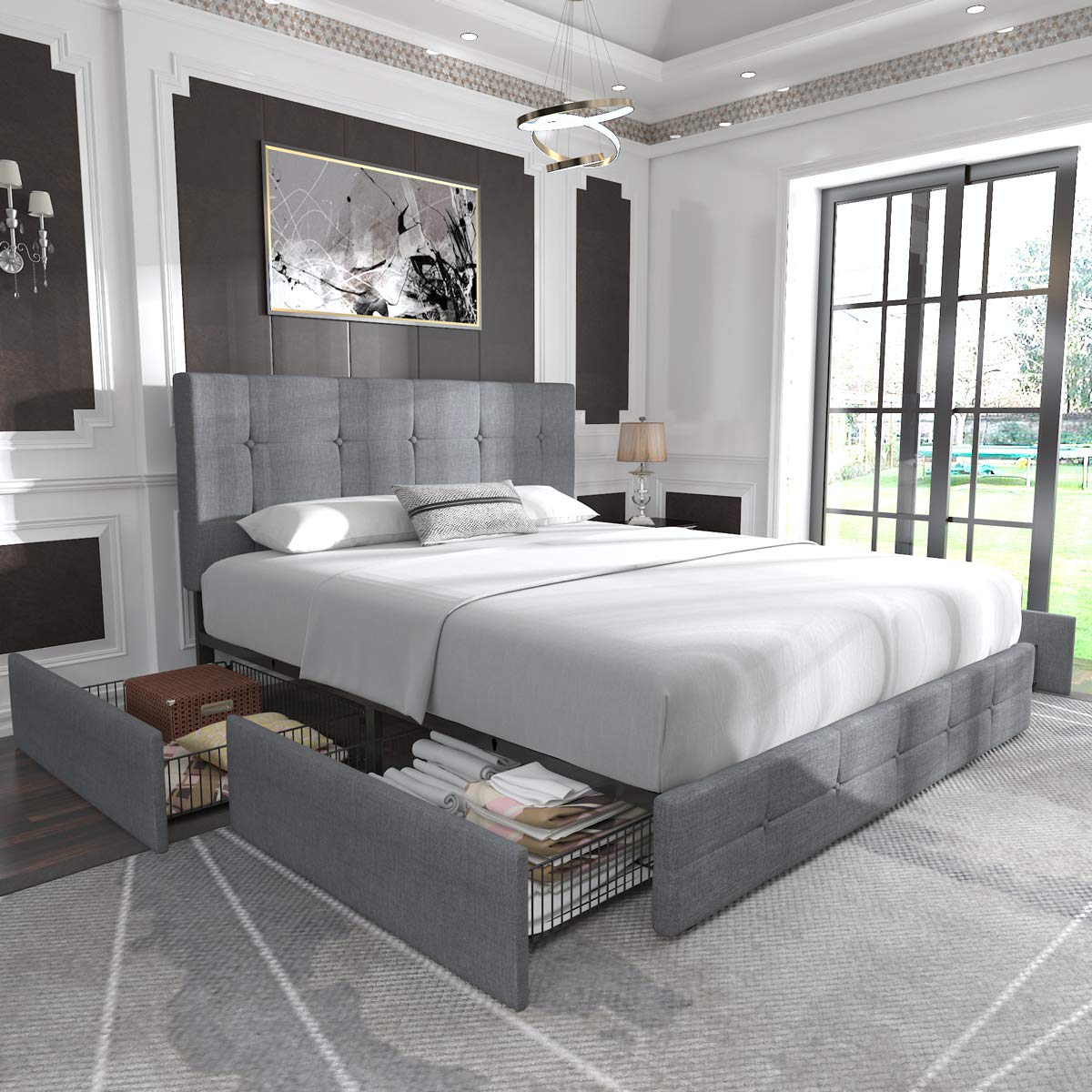 Allewie Upholstered Full Size Platform Bed Frame With 4 Storage Drawers And Headboard, Square Stitched Button Tufted Mattress Foundation With Wooden Slats Support, No Box Spring Needed, Light Grey