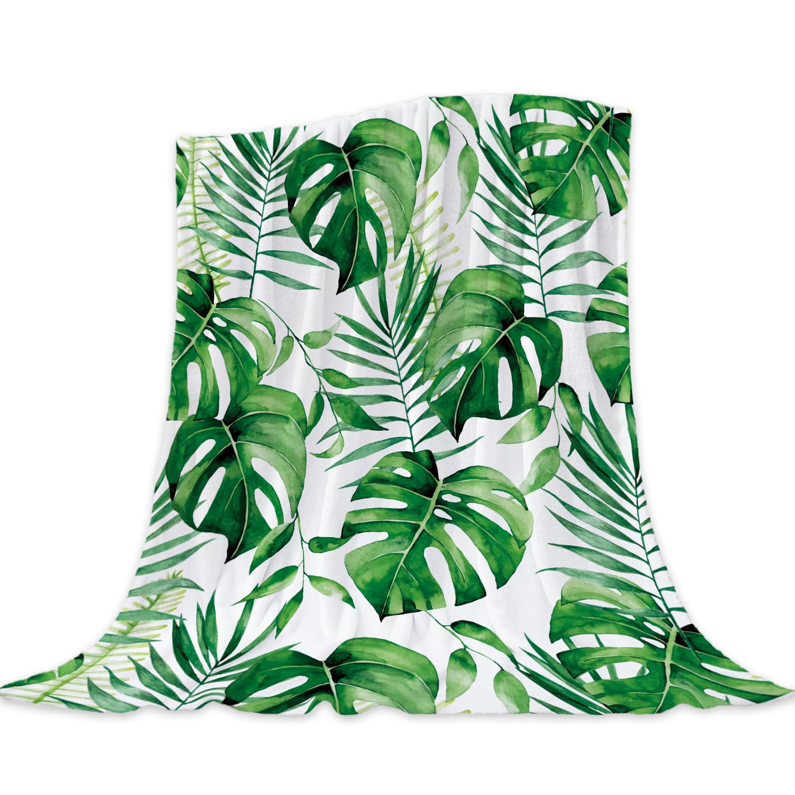 Neatee Living Tropical Leaf Throw Blanket Queen Size Green White Plant Blanket For Bed Couch Soft Cozy Fuzzy Plush Fleece Blanke