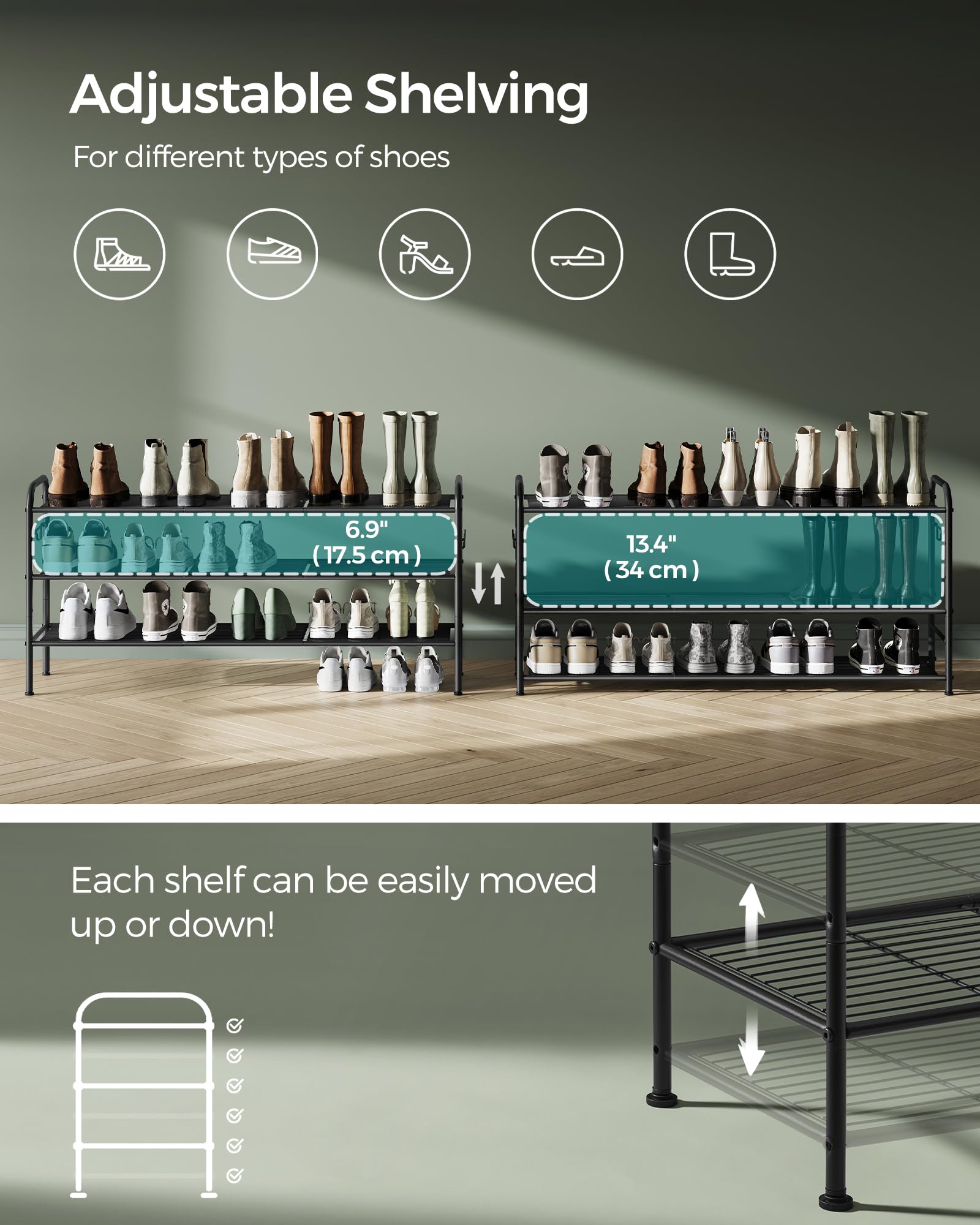 Songmics Shoe Rack, 3-Tier Shoe Organizer, Metal Shoe Shelf Storage With 4 Side Hooks, Holds 18 Pairs Of Shoes, Height-Adjustable Shoe Rack For Entryway, Hallway, Closet, Easy Assembly, Ink Black