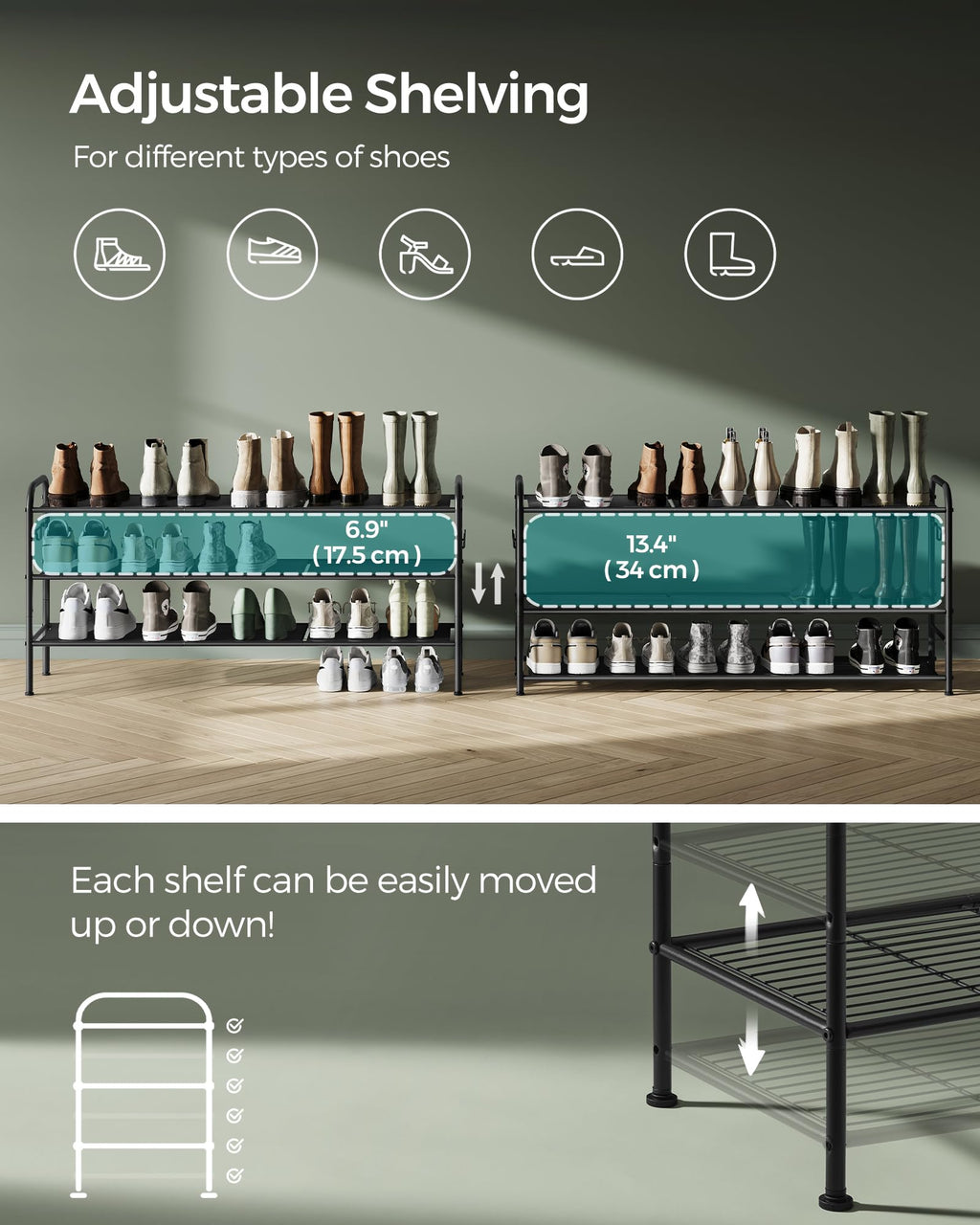 Songmics Shoe Rack, 3-Tier Shoe Organizer, Metal Shoe Shelf Storage With 4 Side Hooks, Holds 18 Pairs Of Shoes, Height-Adjustable Shoe Rack For Entryway, Hallway, Closet, Easy Assembly, Ink Black