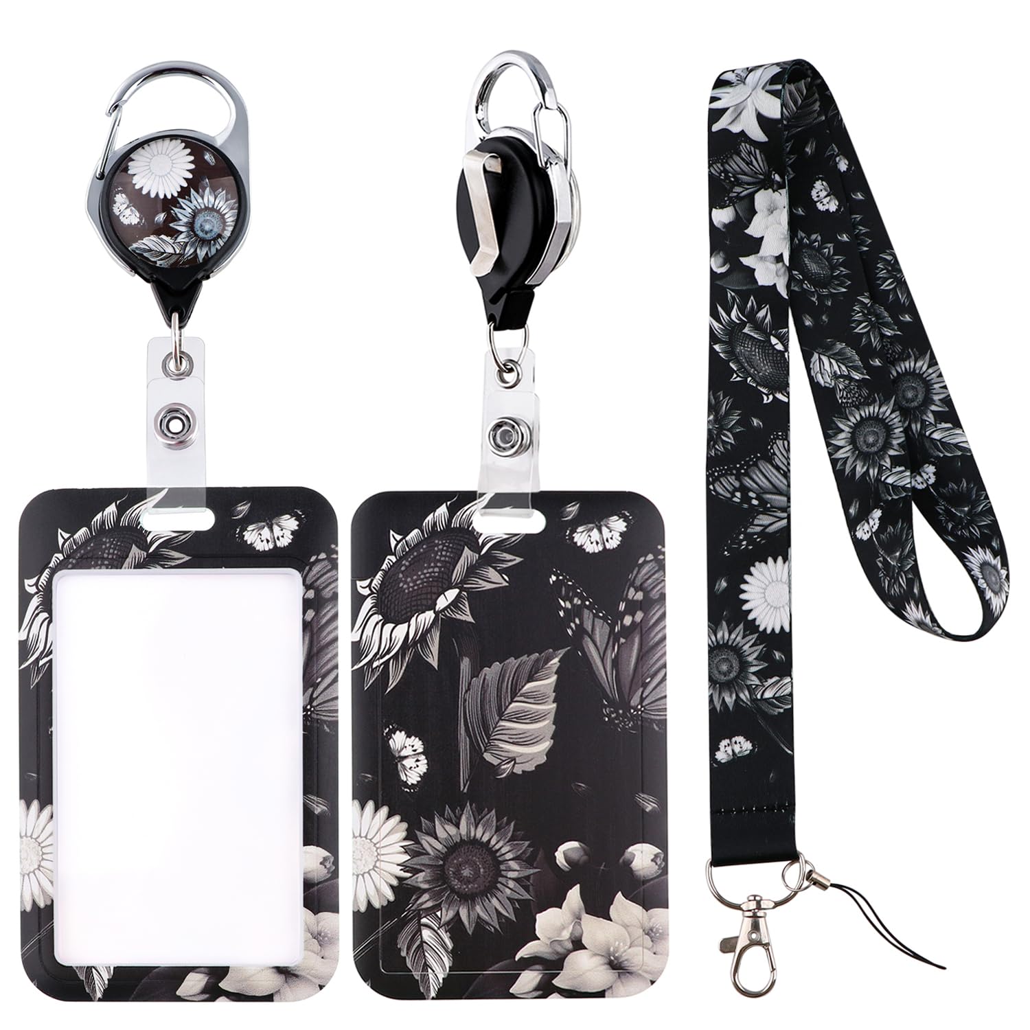 Black Aesthetic Lanyard Id Badge Holder & Art Sunflower Retractable Badge Reel Clip Cool Keychain Lanyard For Keys