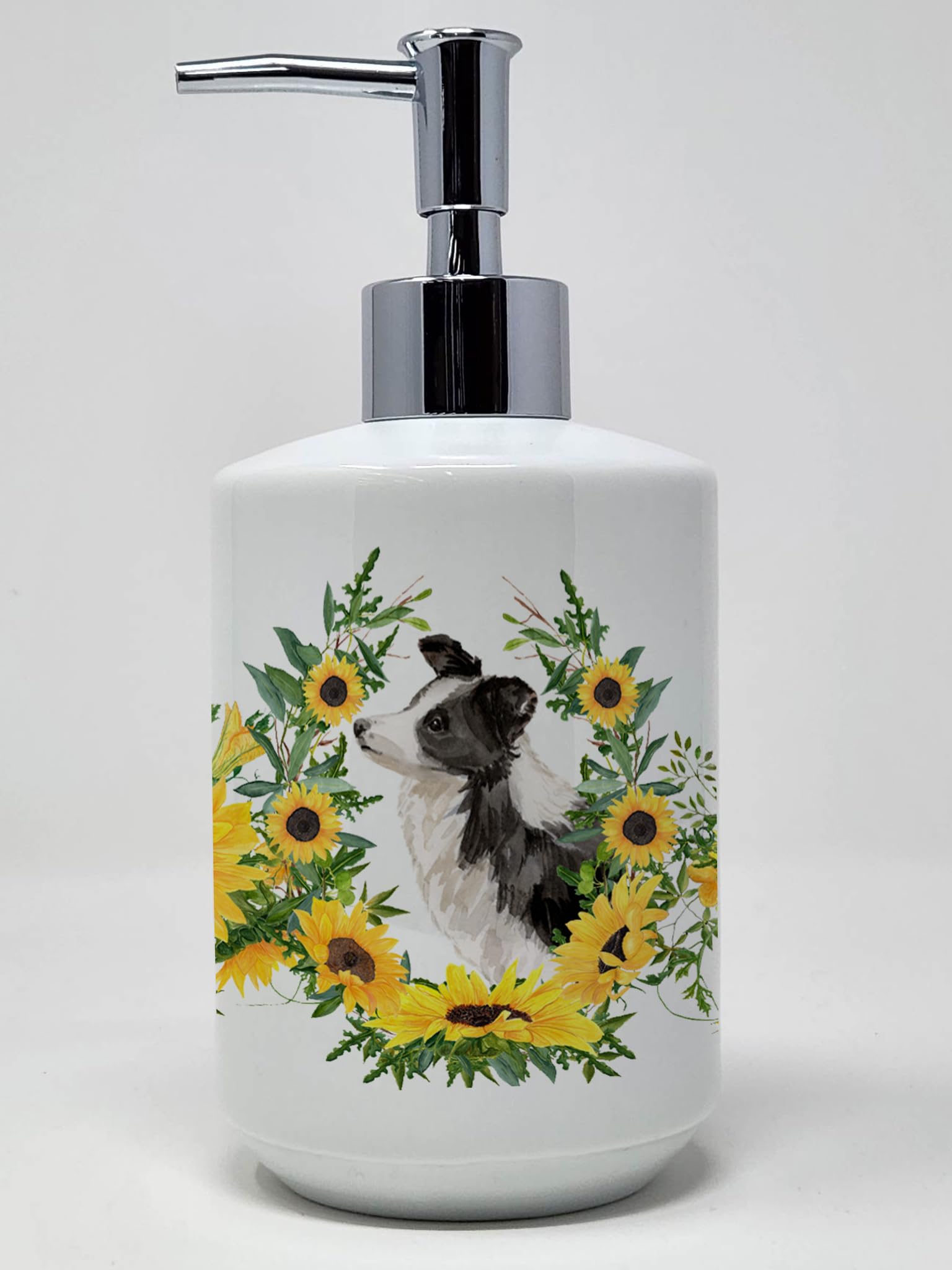 Caroline's Treasures CK2949SOAP Border Collie in Sunflowers Ceramic Soap Dispenser Hand Soap Dispenser Pump Bottles for Bathroom