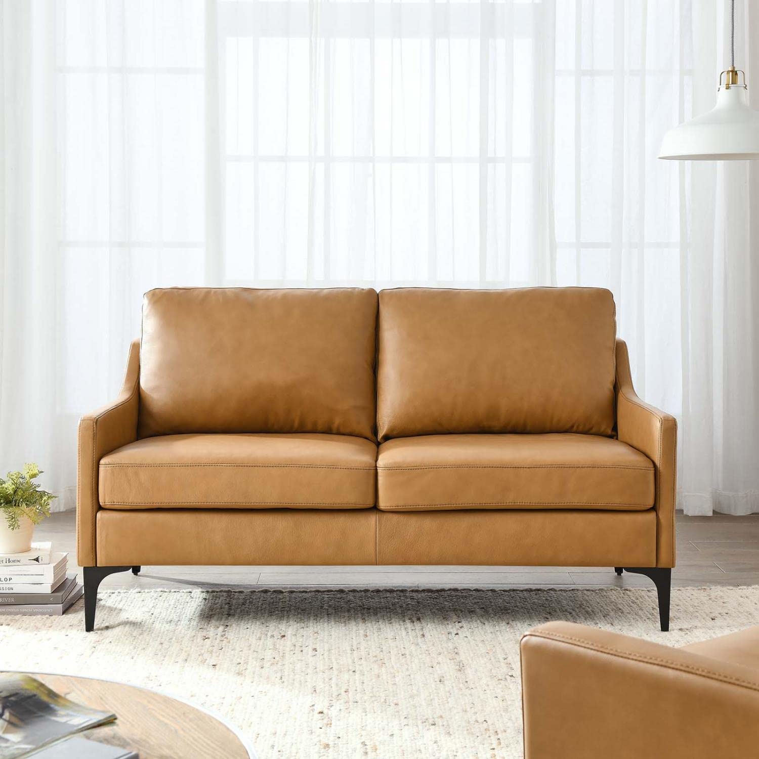 Modway Corland Modern Style Leather And Metal Loveseat In Tan