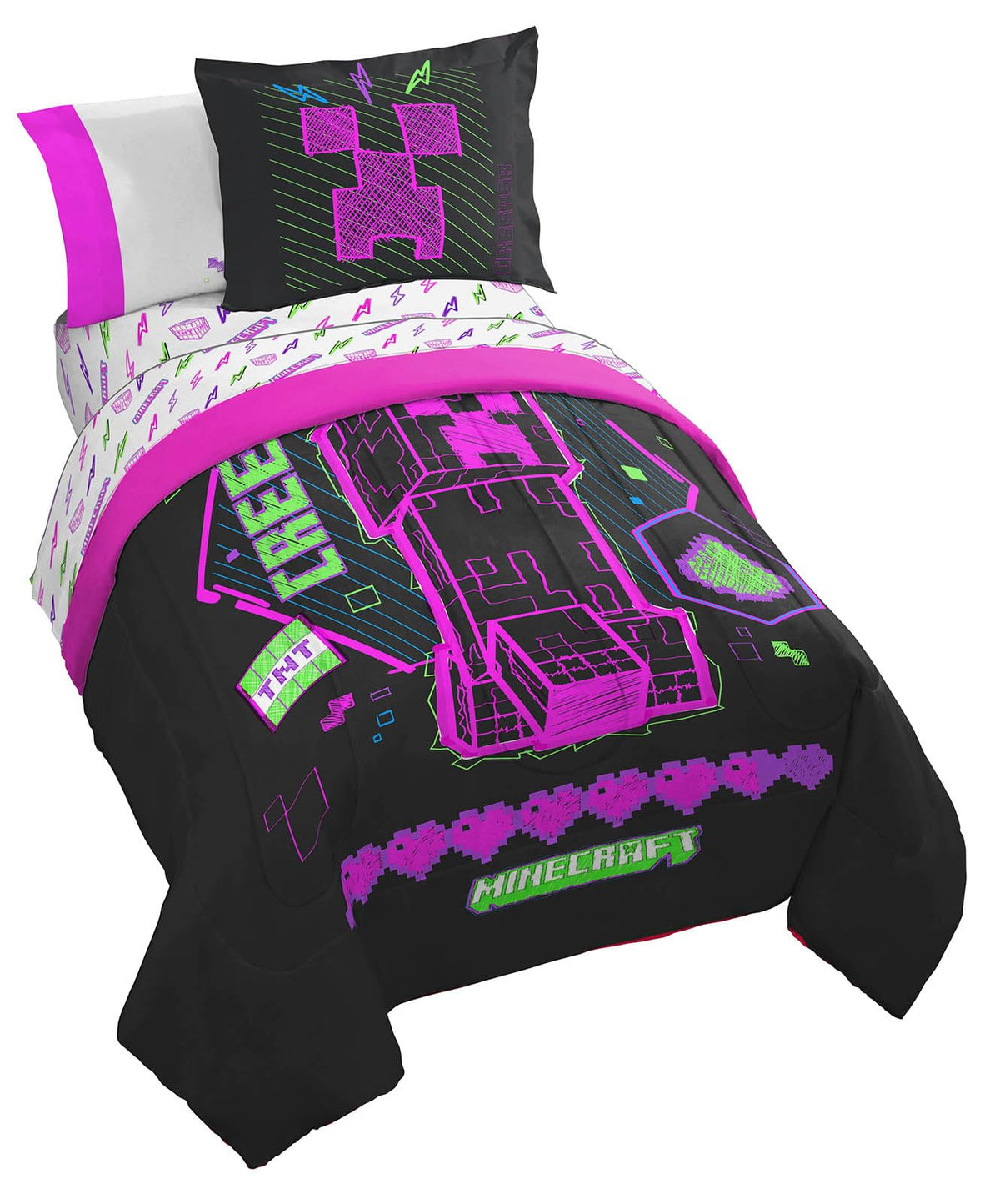 Minecraft Full Size Comforter Set - 7 Piece Cyber Neon Bedding Includes Sheet Set And Pillow Covers Featuring Creeper - Super So
