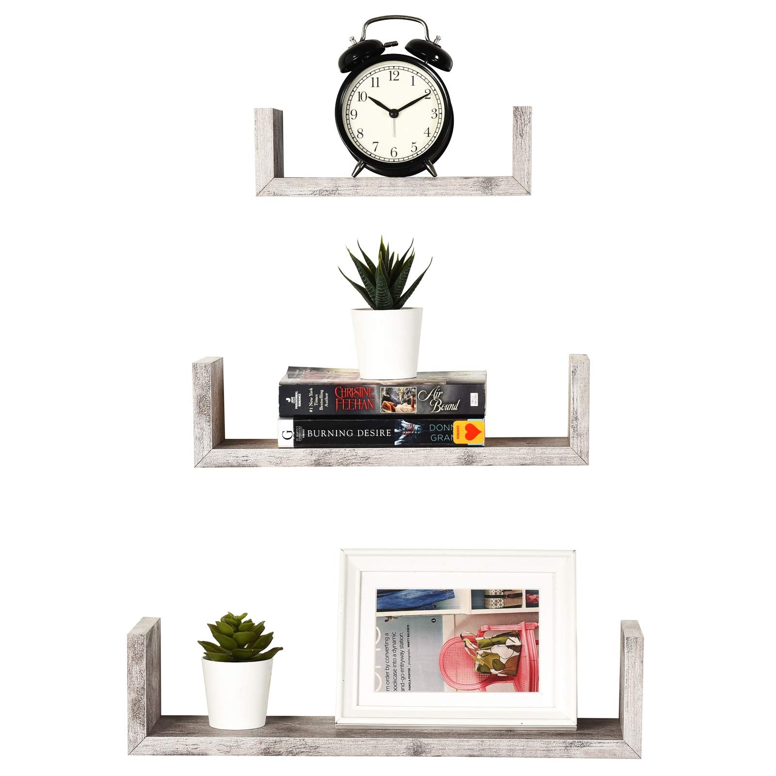 Greenco Set of 3 Floating U    Shelves, Easy-to-Assemble Floating Wall Mount Shelves for Bedrooms and Living Rooms, Rustic White