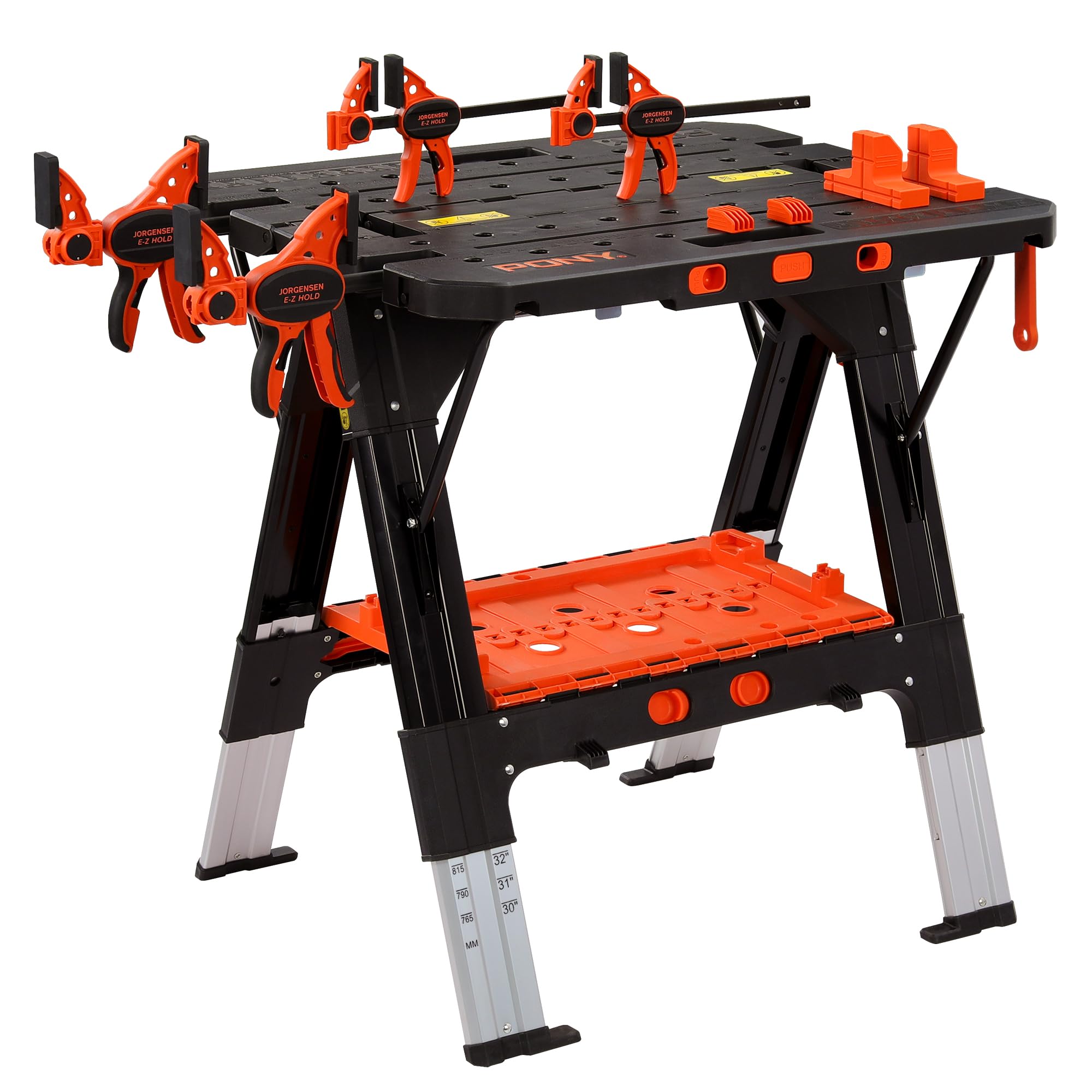 Pony Portable Folding Work Table, 2-in-1 as Sawhorse & Workbench, 31W?25D?2535?, Large Load Capacity with 4pcs Clamps, 4pcs Benc