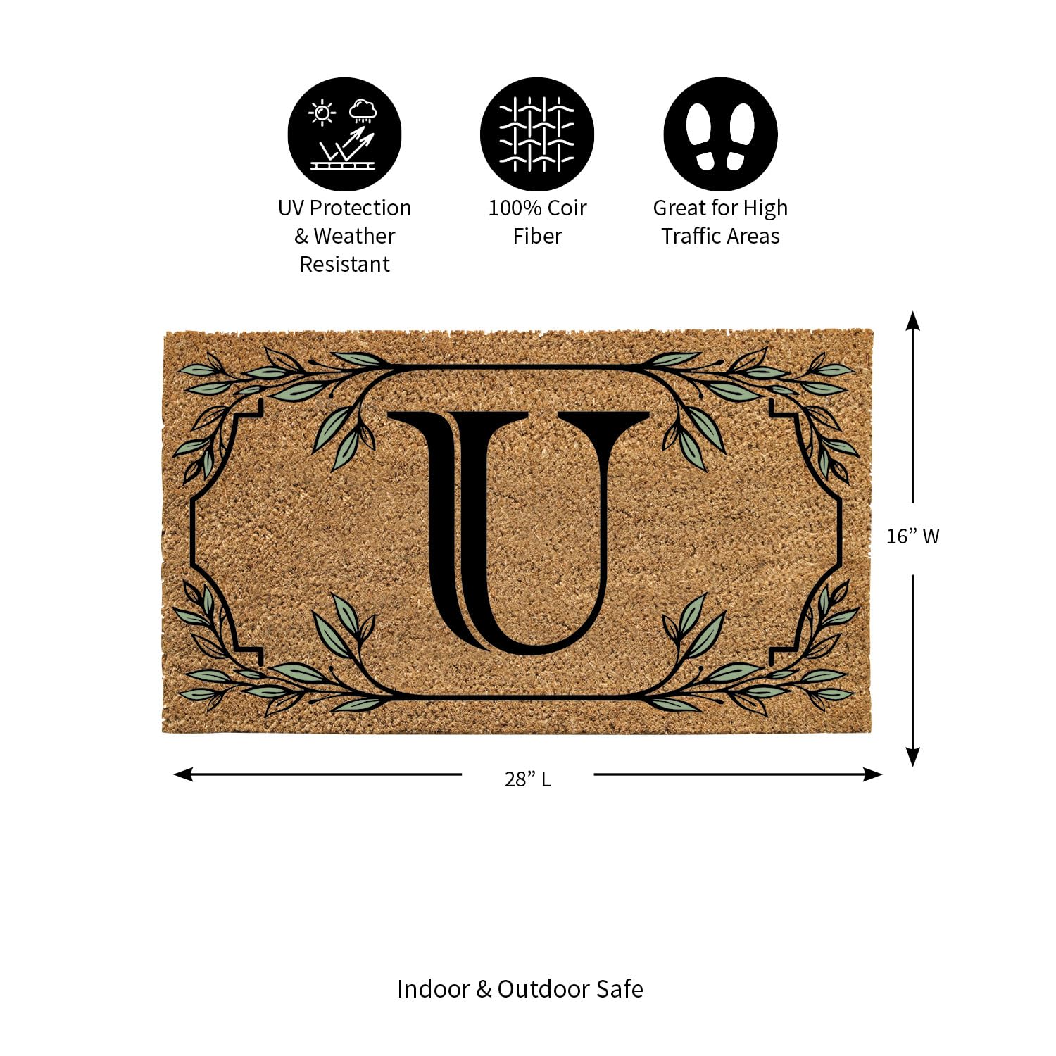Evergreen Monogram Coir Doormat | Letter U | Front Door Mat For Outdoor Indoor Entrance | 28X16 Inches | Non-Slip Backing Doorwa