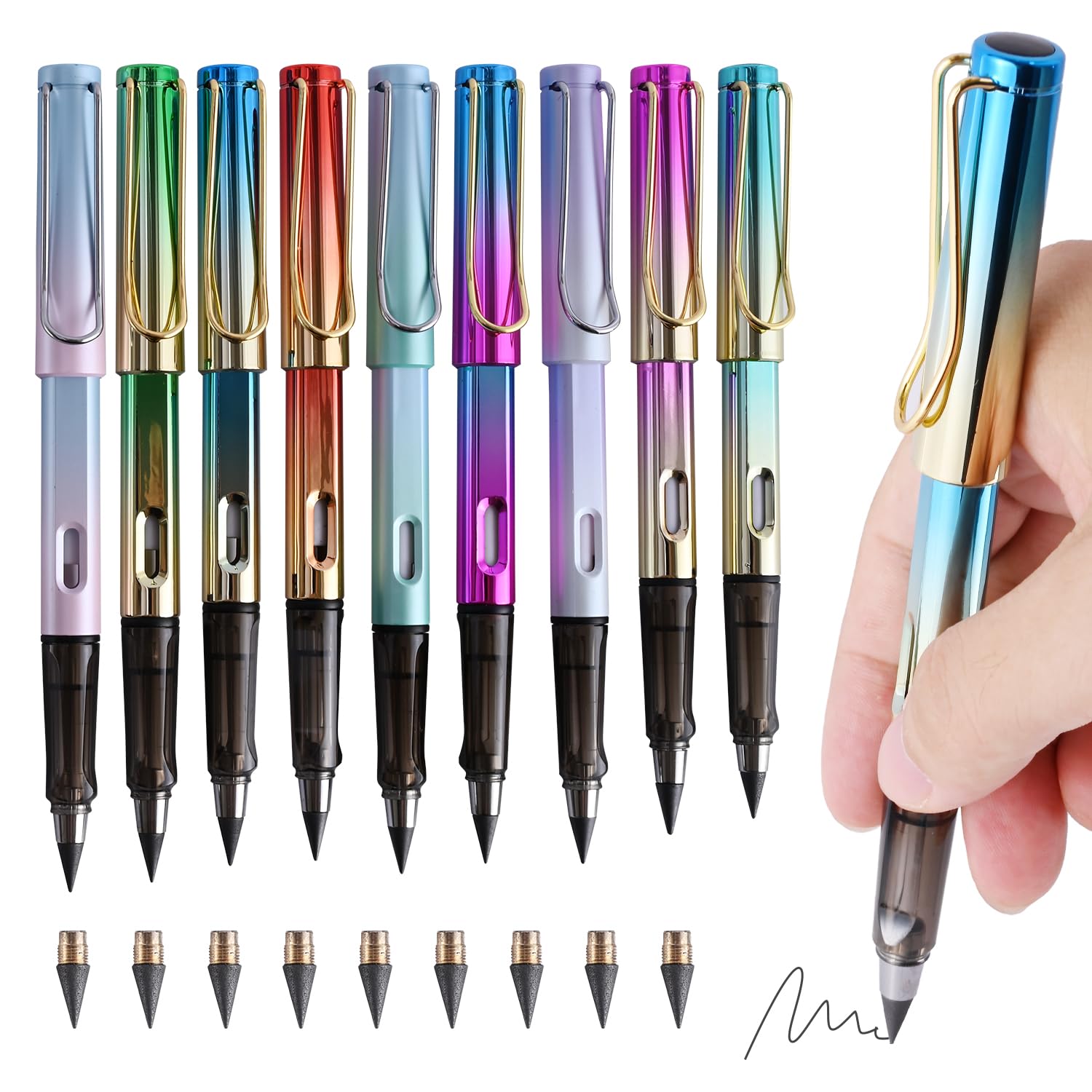 Seiletoo 9 Pcs Infinite Pencil With 9 Pcs Replacement Pen Tips, Forever Pencil,Everlasting Pencil, No Sharpen Pencils For Kids W
