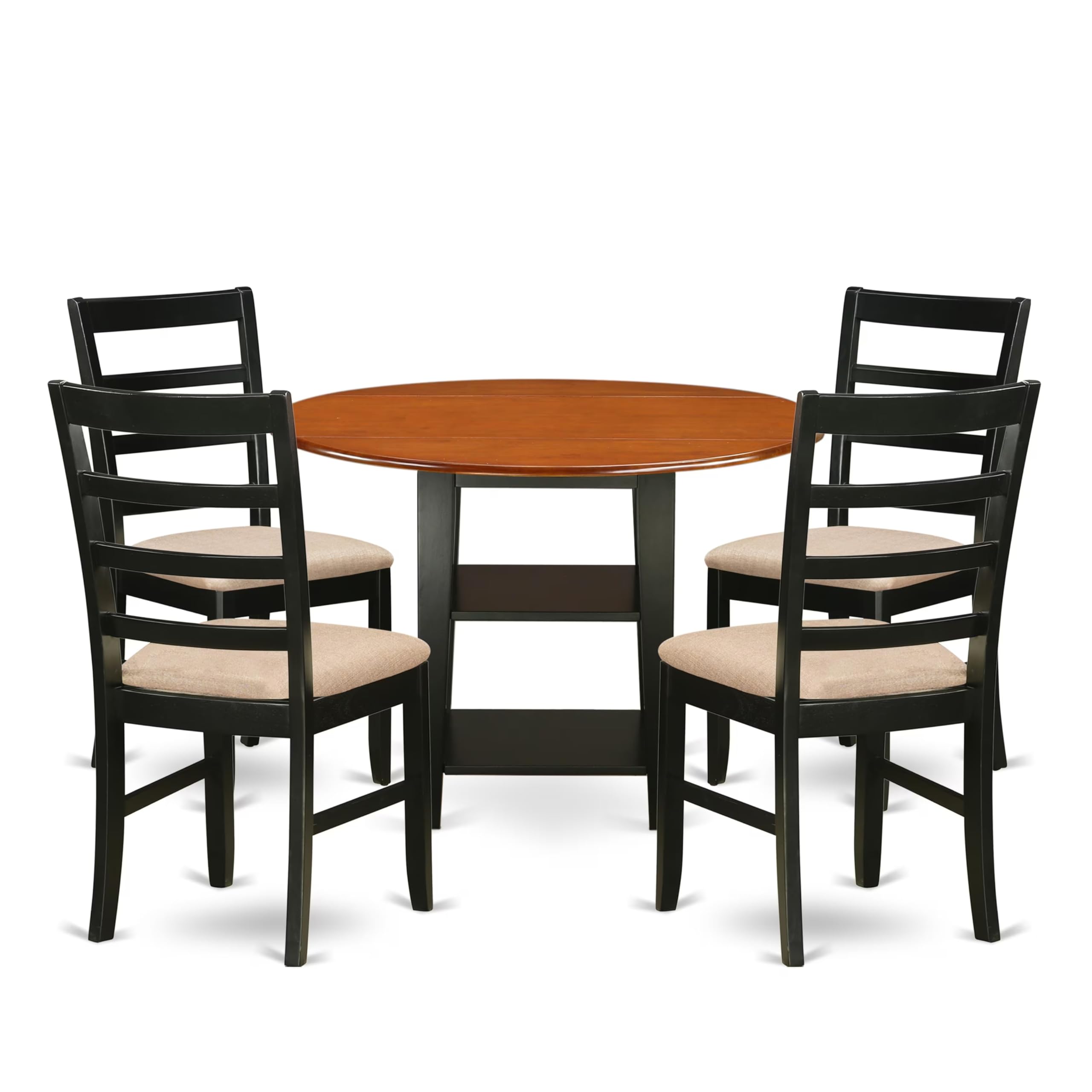 East West Furniture SUPF5-BCH-C 5 Piece Kitchen Table & Chairs Set Includes a Round Dining Table with Dropleaf & Shelves and 4 Linen Fabric Dining Room Chairs, 42x42 Inch, Black & Cherry