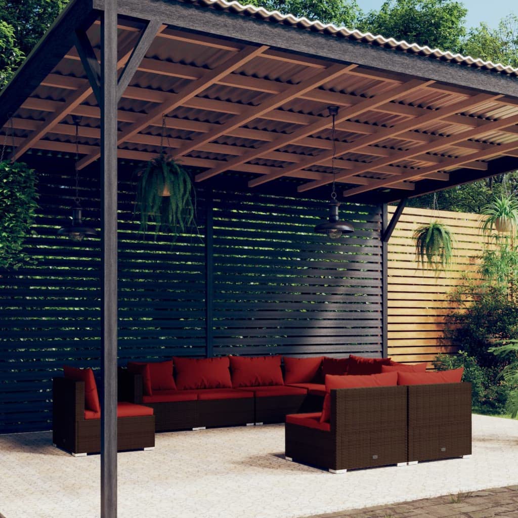 vidaXL Patio Lounge Set with Attactive Brown Poly Rattan and Rust Cinammon Cushions - 9 Pieces, Removable Cushions, Water-Resistant and Modular Design