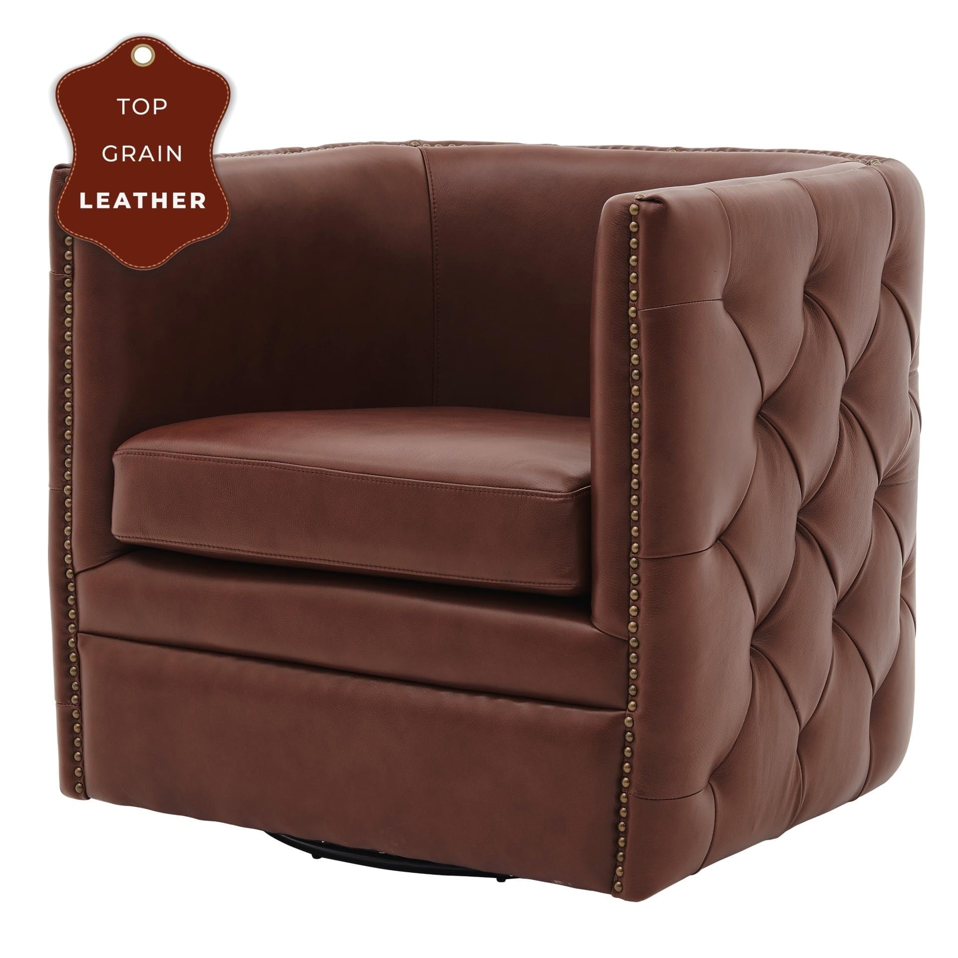 Overstock Leslie Top Grain Leather Swivel Tufted Chair Brown