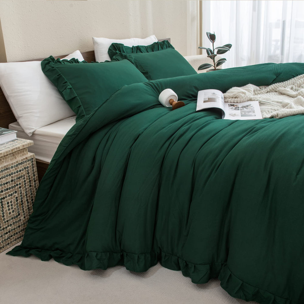 Andency Dark Green Ruffle Comforter Set, 2 Pieces Kids Comforter Set Twin(66X90Inch), Farmhouse Shabby Chic Comforter Set, Soft Microfiber Kids Bedding Set