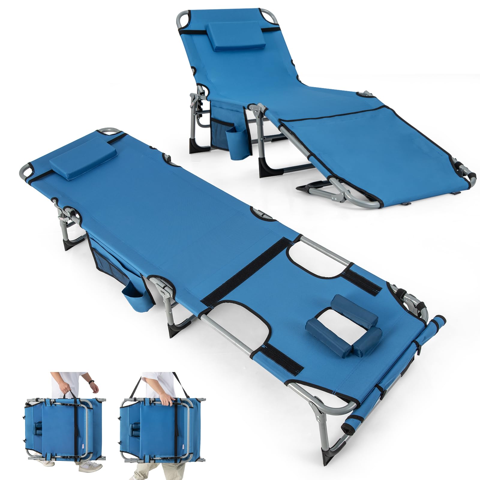 Gymax Tanning Chair, 400Lbs Beach Lounge Chair With Face Arm Hole & Hand Shoulder Strap, Folding Layout Sunbathing Chair, Face Down Outdoor Chaise Lounger For Patio, Poolside, Lawn, Backyard (1, Blue)