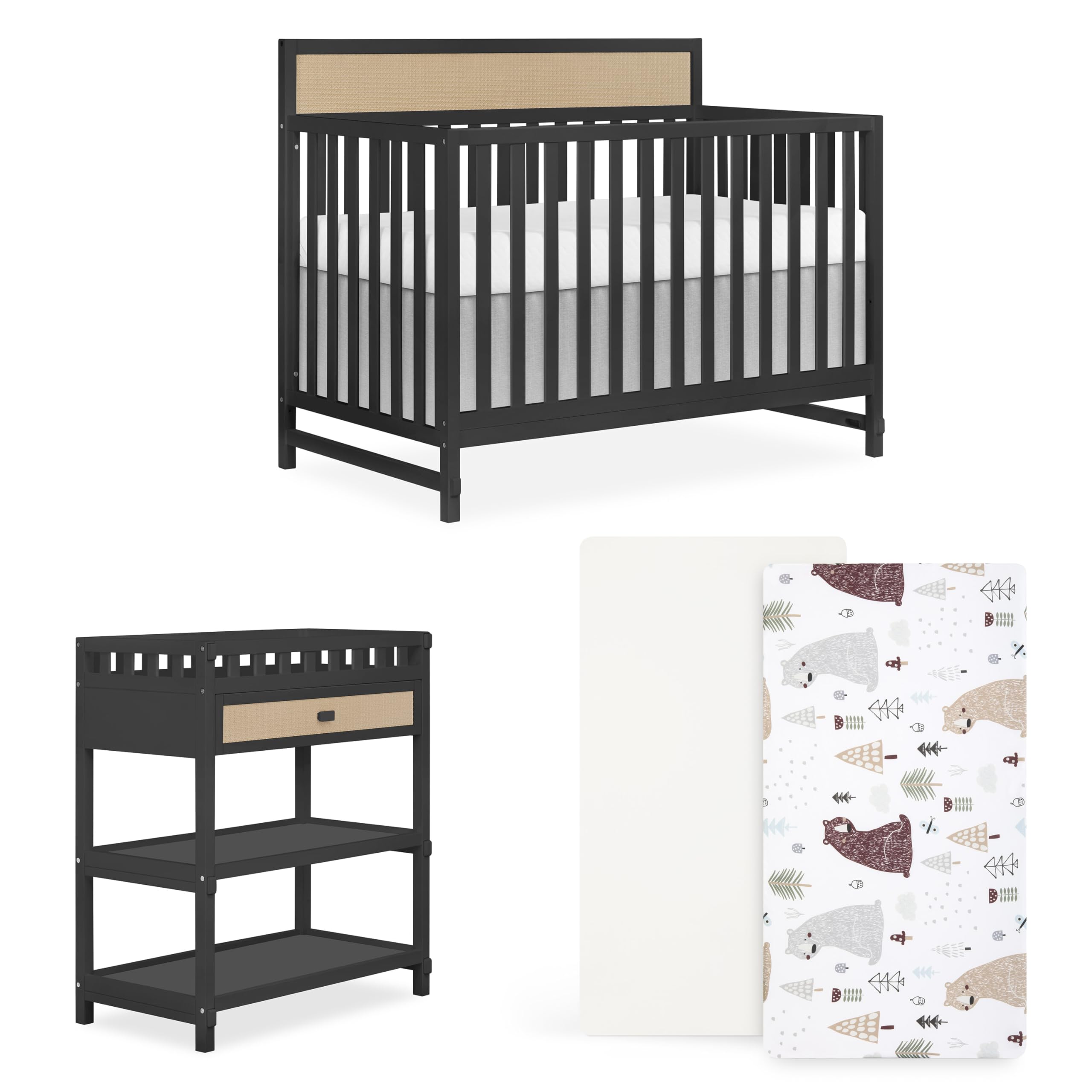 Dream On Me Bear Basics Bundle, Includes Kai Convertible Crib, Grizzly Bear 2-Piece Sheet Set and Complementary Doula Changing T