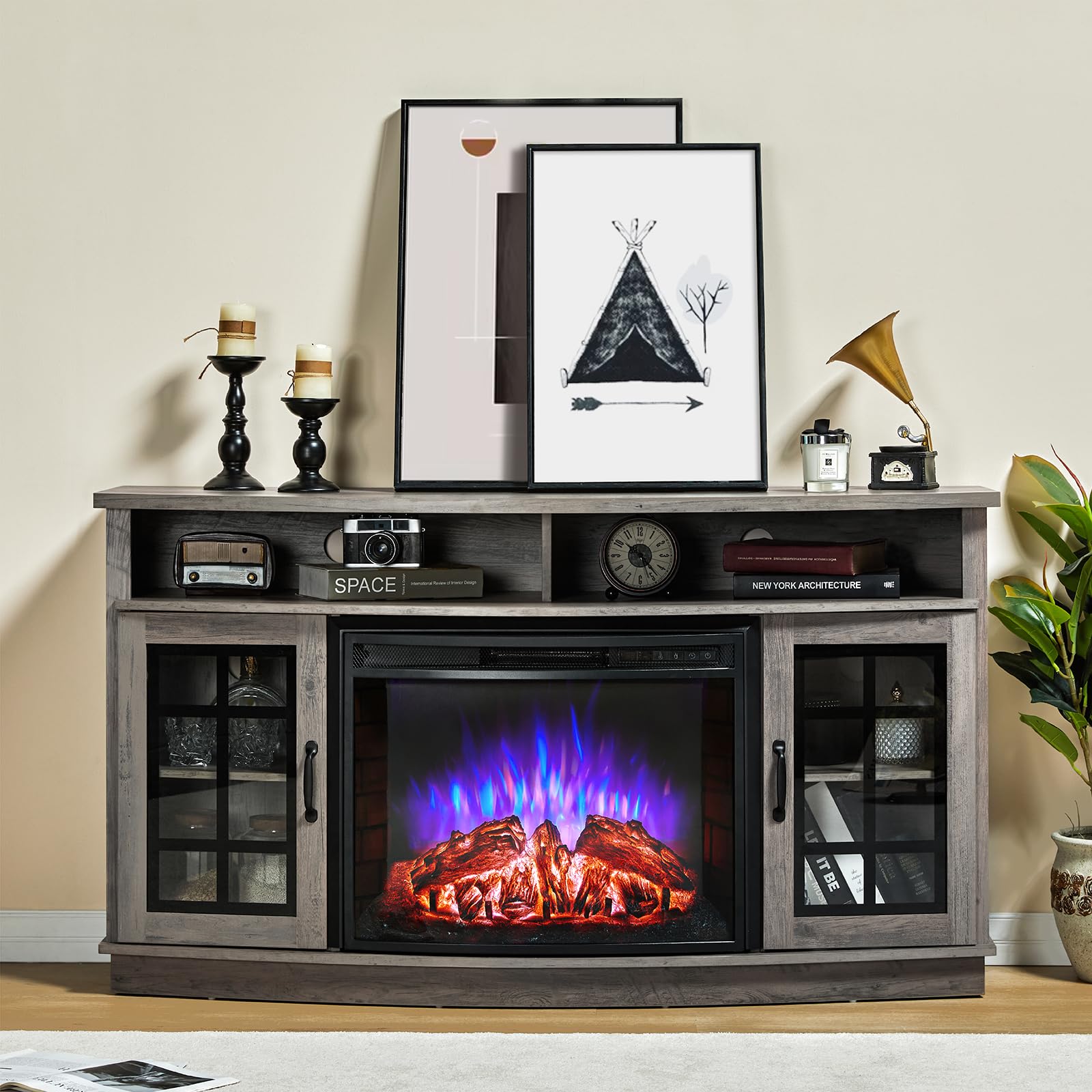 AMERLIFE Curved Fireplace TV Stand with 26 Electric Fireplace, Media Entertainment Center Farmhouse Glass Door Storage Cabinet