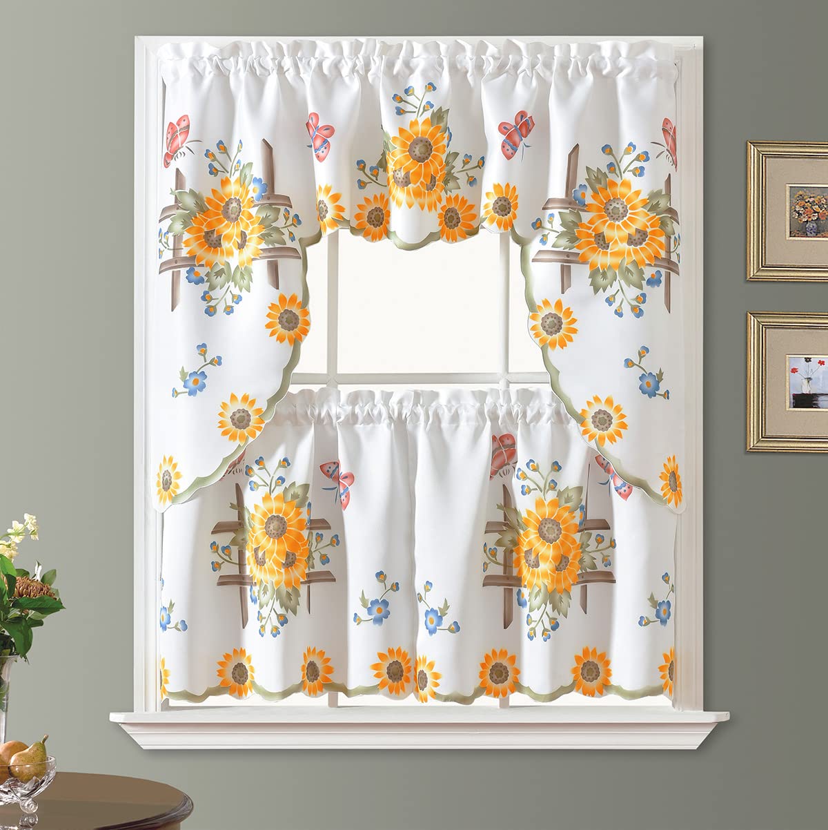 GOHD 3pcs Farmhouse Kitchen Cafe Curtain Set Air Brushed by Hand of Sunflower and Butterfly Design on Thick Satin Fabric (Swag a