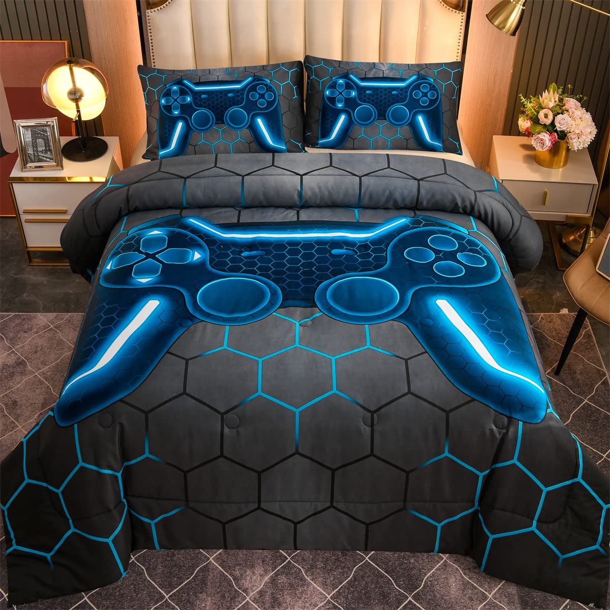 Ntbed Game Console Comforter Set For Boys Girls Kids 3D Gaming Geometric Lightweight Microfiber Bedding Sets (Blue, Queen)