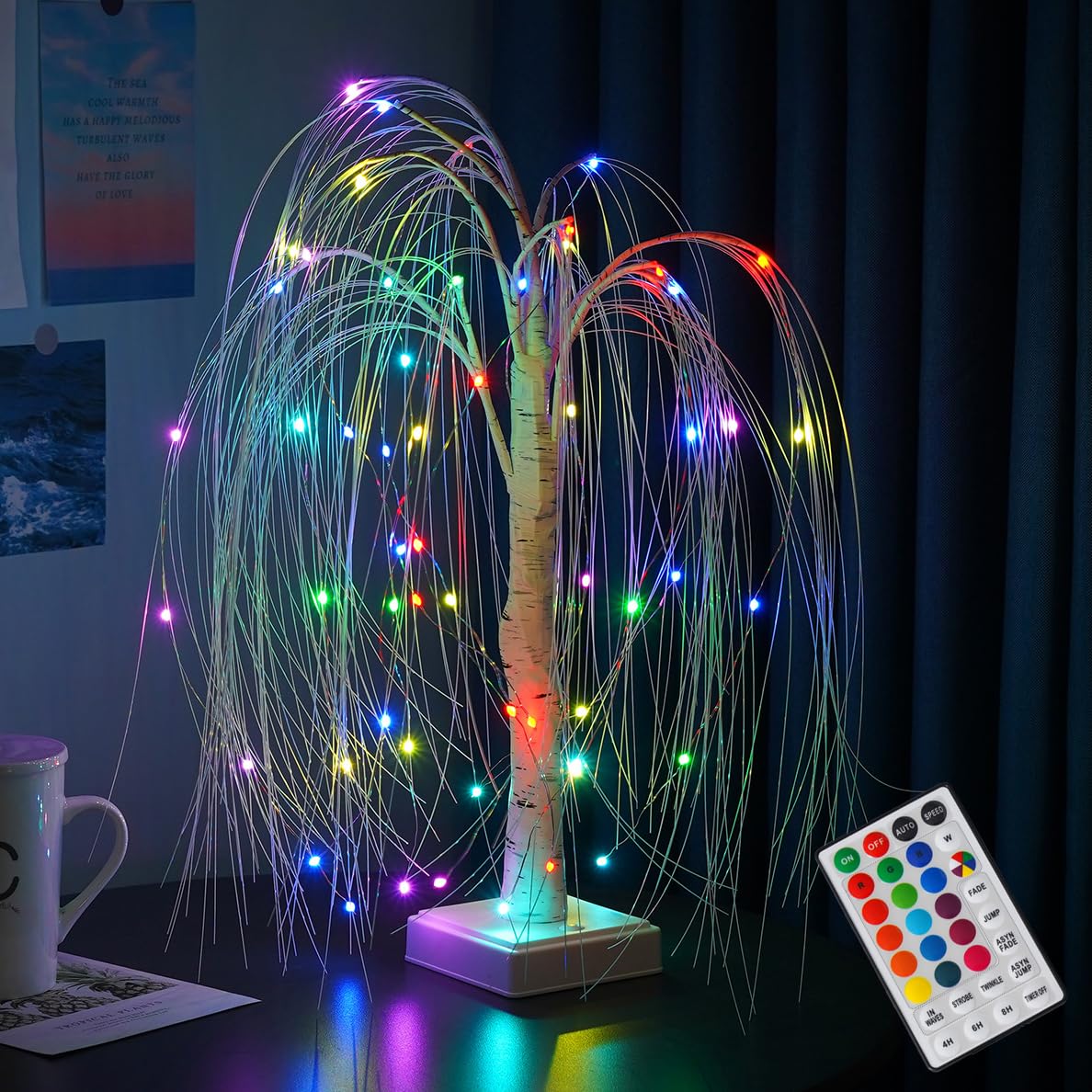 NXUEBDU LED Willow Tree Indoor Decor, 2 feet 60 LED RGB Color Changing Lighted Willow Tree with Remote, Light Up Tabletop LED Tr