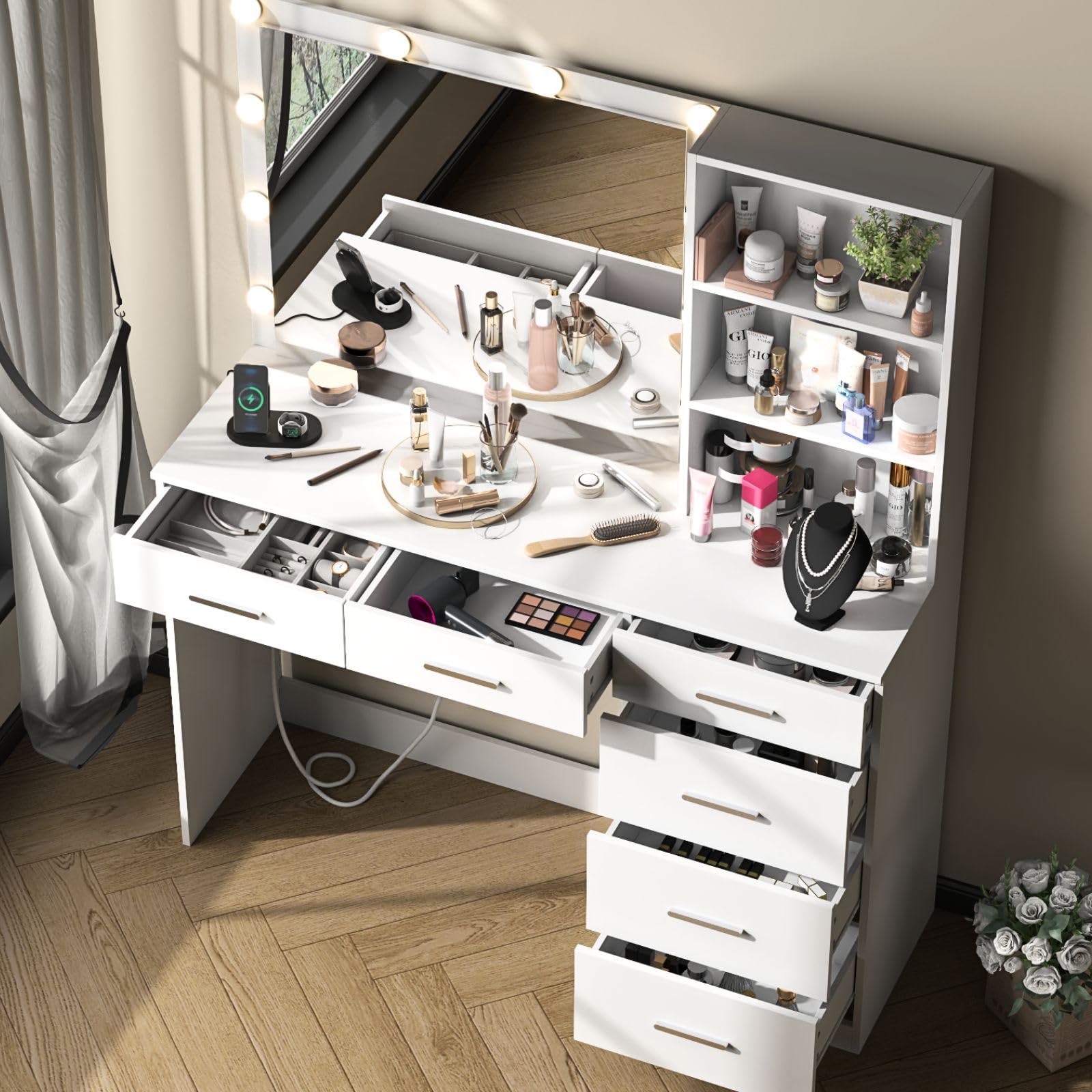 Loomie Vanity Desk with Lighted Mirror & Power Outlet, Makeup Vanity Table with 6 Drawers and 3-Tier Shelf, Dressing Table with 