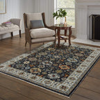 HomeRoots 508009 10 x 13 ft. Blue Red Beige Yellow Gray Rust & Gold Oriental Power Loom Stain Resistant Rectangle Area Rug with Fringe