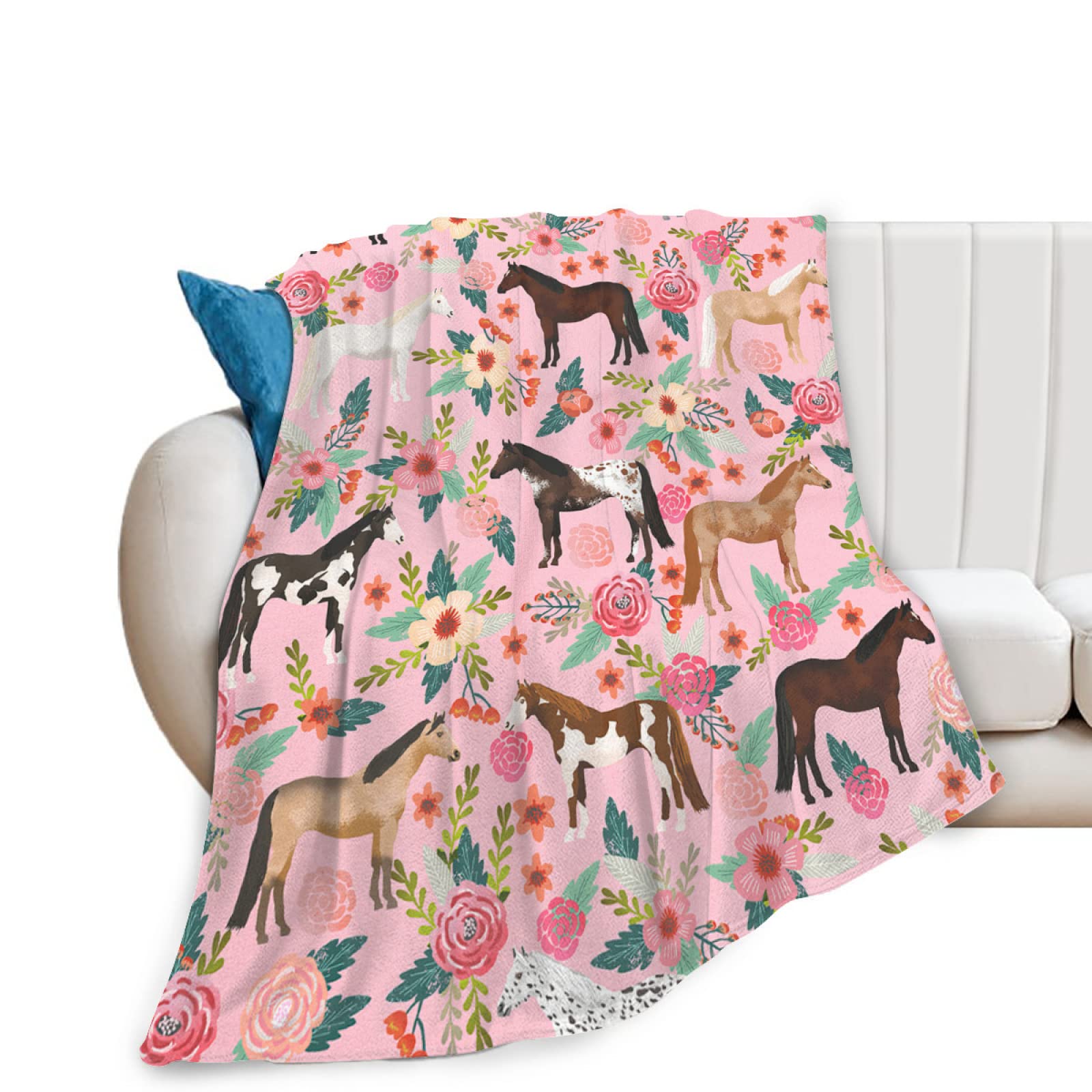 Horse Blanket Gift For Girls Women Cute Animal Horses Throw Blankets Flowers Fleece Flannel Stuff Soft Lightweight Plush Pink Bl