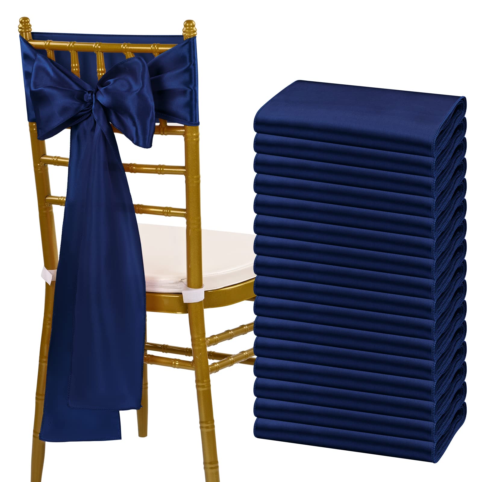 Fani 60 Pcs Navy Blue Satin Chair Sashes Bows Universal Chair Cover For Wedding Reception Restaurant Event Decoration Banquet,Party,Hotel Event Decorations (7 X 108 Inch)