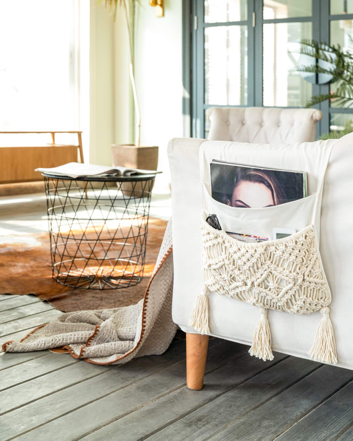 Mkono Macrame Sofa Armrest Organizer Remote Control Holder Couch Bedside Armchair Caddy Storage Basket Bag For Tv Remote Control